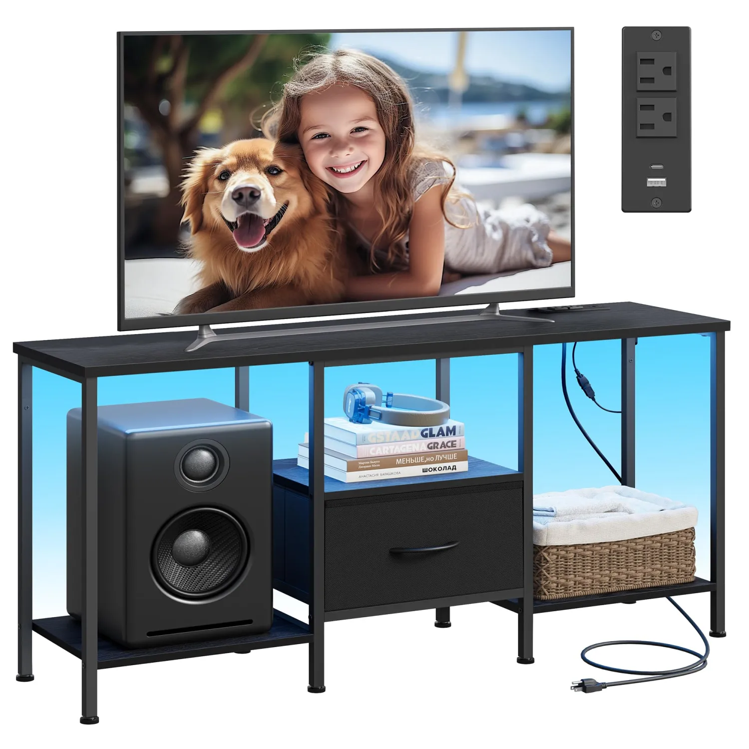 SONGMICS BELLAH Collection - TV Stand for TVs Up to 55 Inches, Media Console Table and Entertainment Center Unit for Living Room, with Shelves and Drawer, Steel, Modern, Ink Black ULGS031B101S