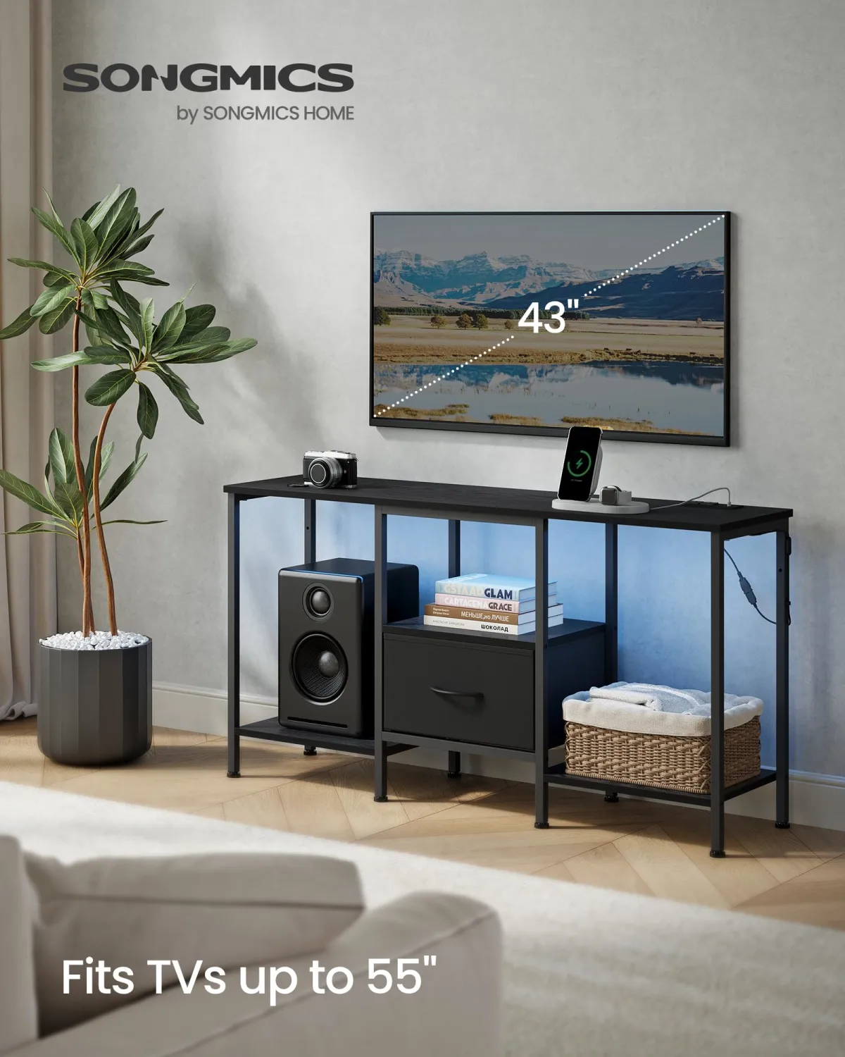 SONGMICS BELLAH Collection - TV Stand for TVs Up to 55 Inches, Media Console Table and Entertainment Center Unit for Living Room, with Shelves and Drawer, Steel, Modern, Ink Black ULGS031B101S