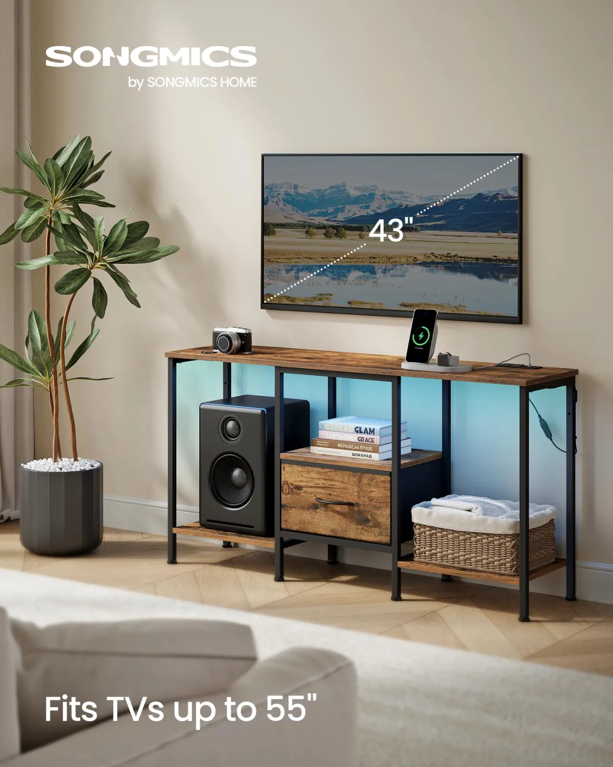 SONGMICS BELLAH Collection - TV Stand for TVs Up to 55 Inches, Media Console Table and Entertainment Center Unit for Living Room, with Shelves and Drawer, Steel, Industrial, Rustic Brown ULGS031K101S