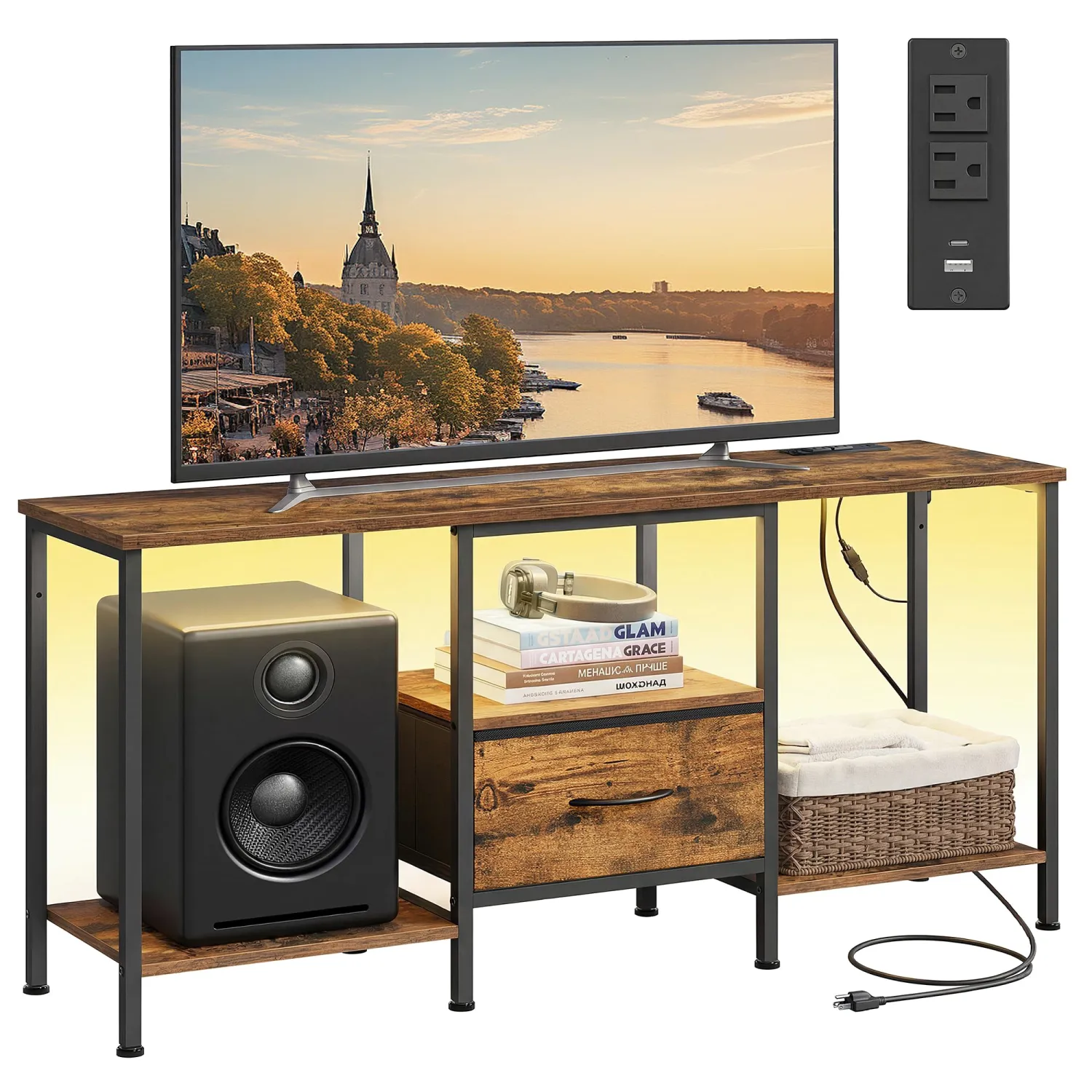 SONGMICS BELLAH Collection - TV Stand for TVs Up to 55 Inches, Media Console Table and Entertainment Center Unit for Living Room, with Shelves and Drawer, Steel, Industrial, Rustic Brown ULGS031K101S