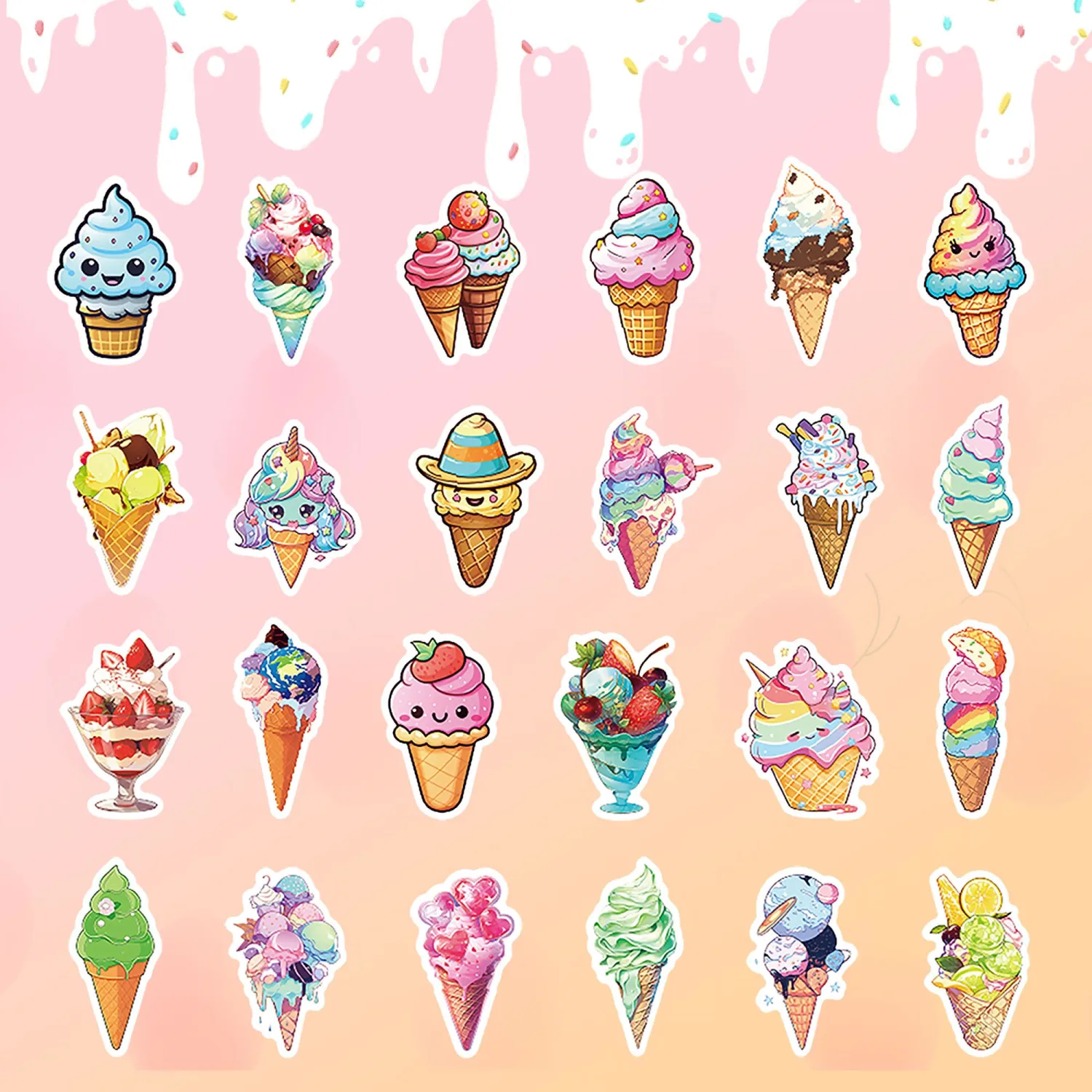 50Pcs Ice Cream Stickers, Non-Repetitive Funny Design Ice Cream Stickers, Cute Dessert Sticker Vinyl Waterproof Sticker for Adults Water Bottle Laptop Decor Party Favors Birthday Gifts