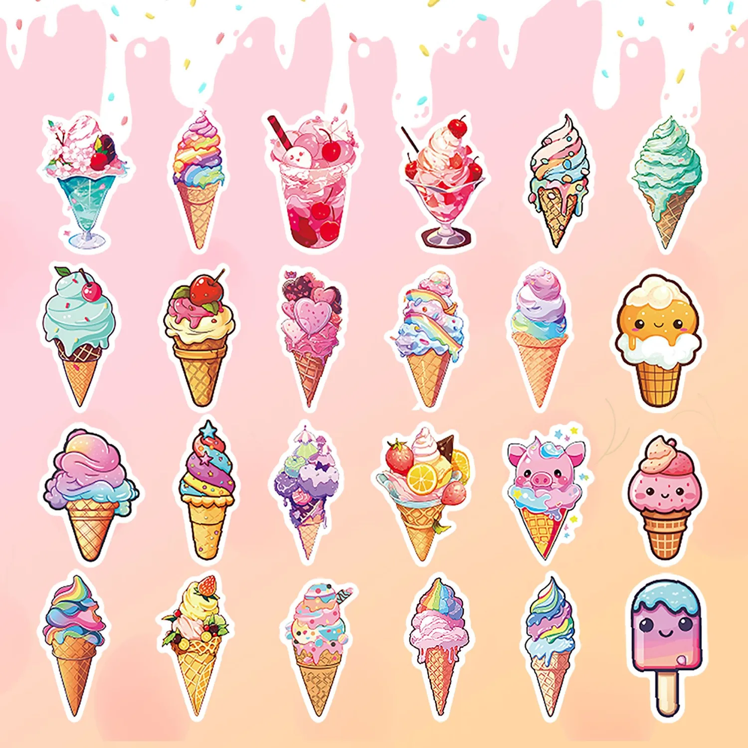 50Pcs Ice Cream Stickers, Non-Repetitive Funny Design Ice Cream Stickers, Cute Dessert Sticker Vinyl Waterproof Sticker for Adults Water Bottle Laptop Decor Party Favors Birthday Gifts