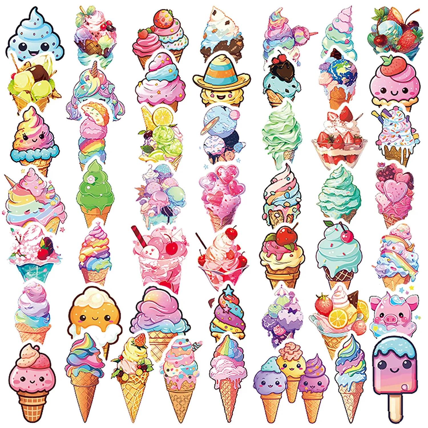50Pcs Ice Cream Stickers, Non-Repetitive Funny Design Ice Cream Stickers, Cute Dessert Sticker Vinyl Waterproof Sticker for Adults Water Bottle Laptop Decor Party Favors Birthday Gifts