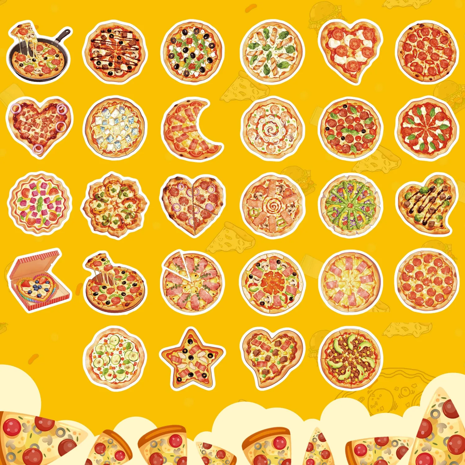 56 Pcs Pizza Water Bottle Stickers, Cartoon Pizza Vinyl Decals, Waterproof Adorable Food Stickers for Water Bottle Laptop Scrapbook Luggage Phone Decor Party Favors Birthday Gifts