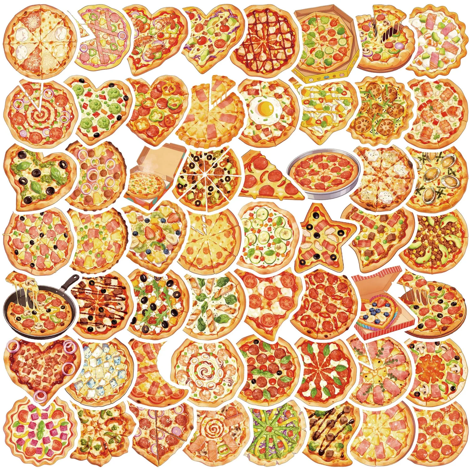 56 Pcs Pizza Water Bottle Stickers, Cartoon Pizza Vinyl Decals, Waterproof Adorable Food Stickers for Water Bottle Laptop Scrapbook Luggage Phone Decor Party Favors Birthday Gifts