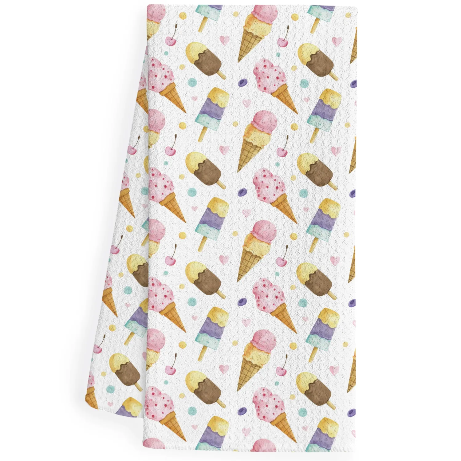 Summer Ice-Cream Kitchen Dish Towels, Ice Cream Lovers Gifts, Pastel Ice Cream Cones and Popsicle Decorative Hand Tea Towels for Kids Bathroom Kitchen, 16x24 Inch