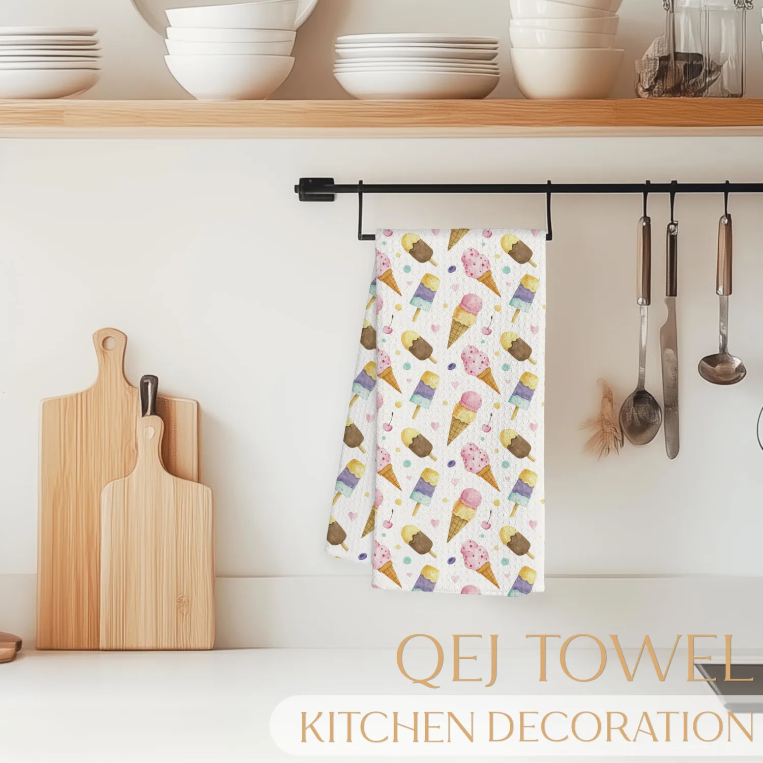 Summer Ice-Cream Kitchen Dish Towels, Ice Cream Lovers Gifts, Pastel Ice Cream Cones and Popsicle Decorative Hand Tea Towels for Kids Bathroom Kitchen, 16x24 Inch