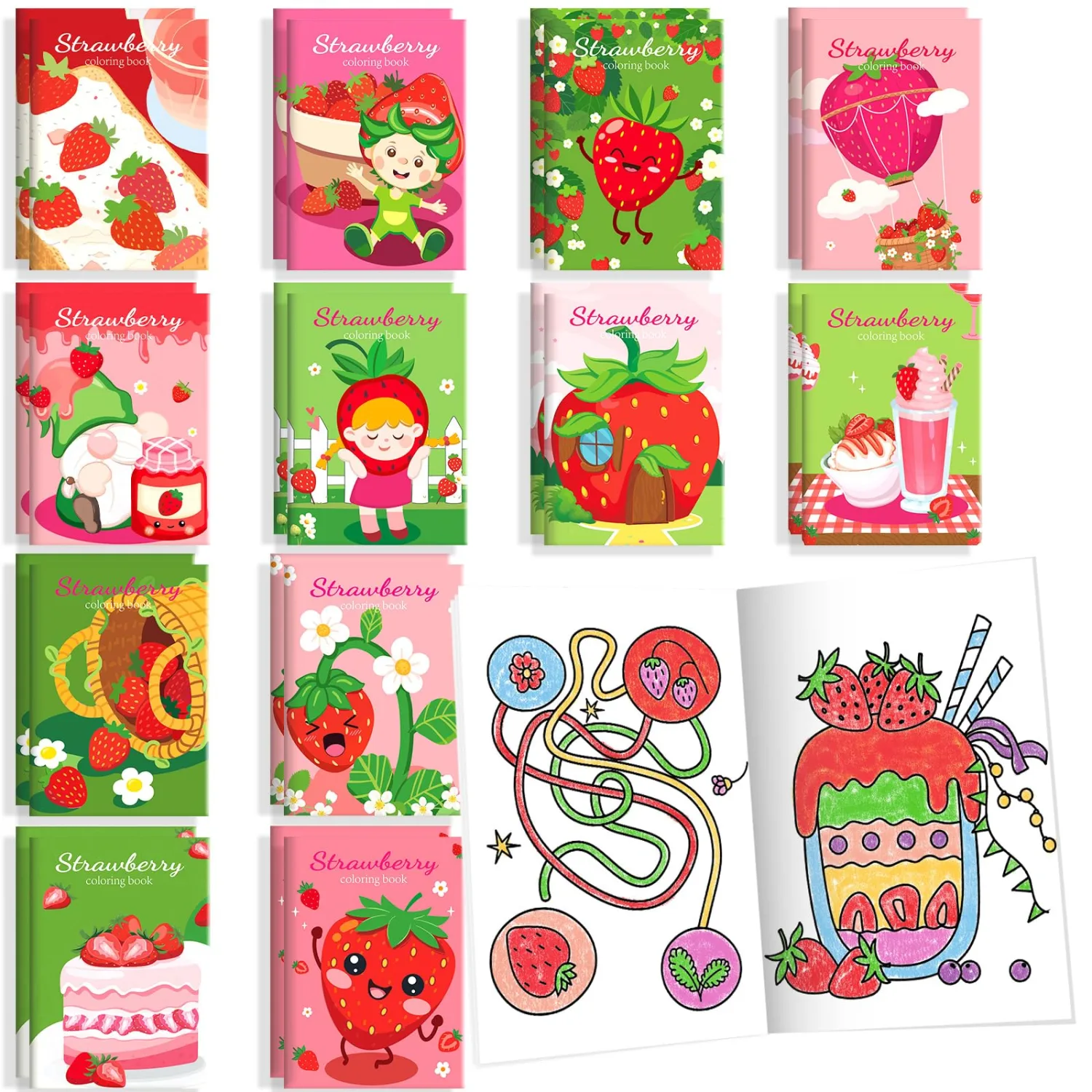 BenLouis 24 Pcs Strawberry Mini Coloring Books Kids Berry Party Favors Small Activity Books for Kids Girl Fruit First Birthday Bridal Baby Shower Goodie Bags Stuffers Return Gifts Classroom Travel