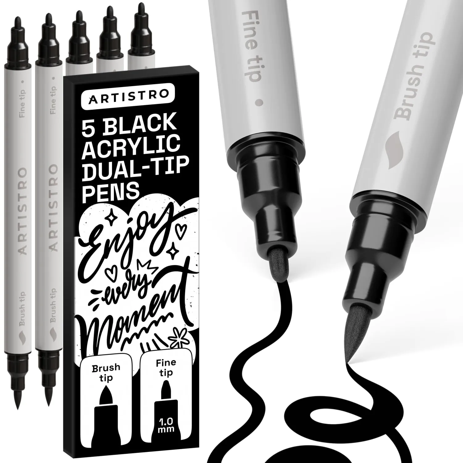 ARTISTRO 5 Black Acrylic Paint Markers - Paint Pens for Drawing, Brush + Fine Tips - For Fabric, Rock, Glass, Wood, DIY - Art & Craft Supplies for Adults, Teens, Kids - Teacher Appreciation Gift