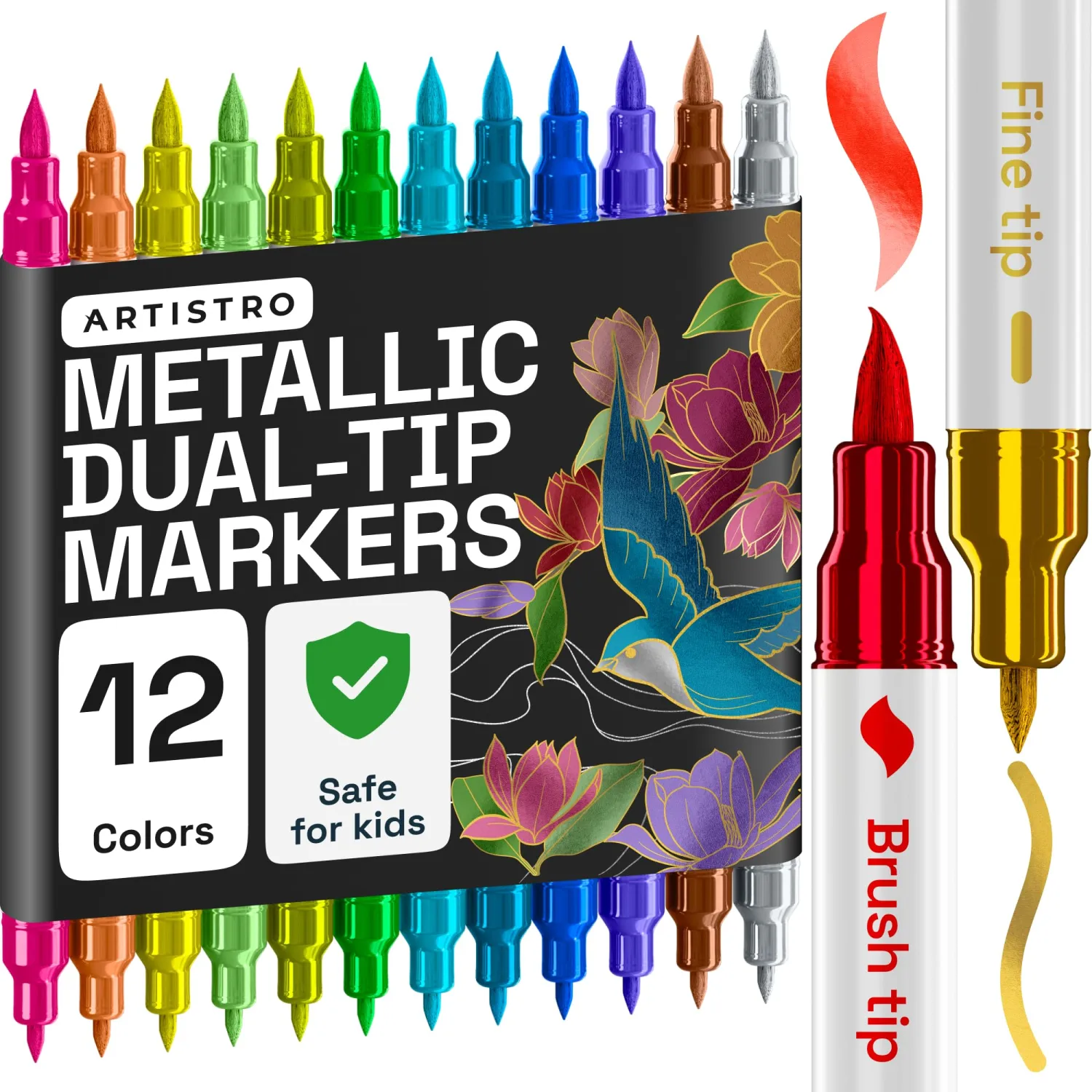 ARTISTRO 12 Metallic Acrylic Paint Markers - Paint Pens for Drawing, Brush + Fine Tips - For Fabric, Rock, Glass, Wood, DIY - Art & Craft Supplies for Adults, Teens, Kids - Teacher Appreciation Gift
