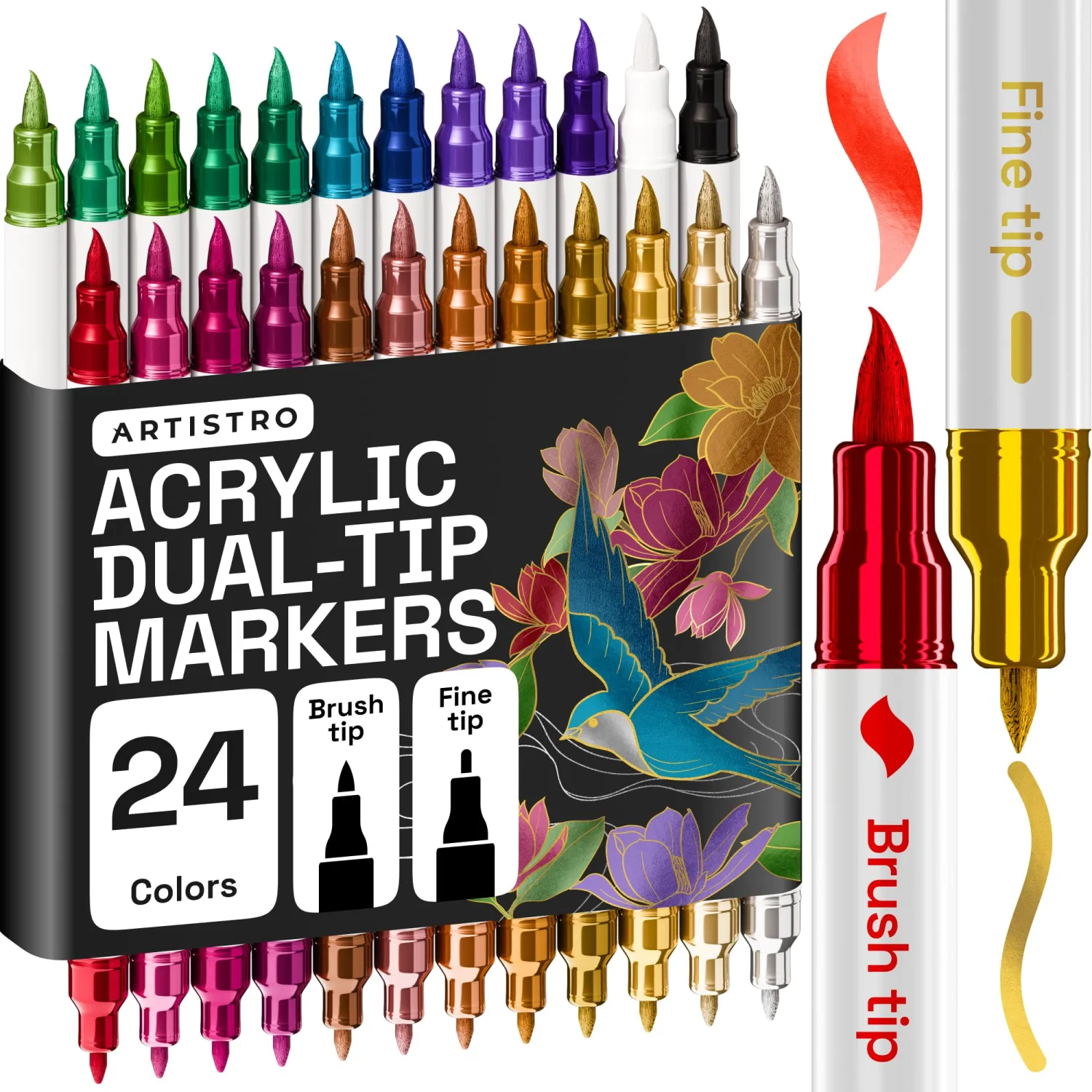 ARTISTRO 24 Acrylic Paint Markers - Paint Pens for Drawing, Brush + Fine Tips - For Fabric, Rock, Glass, Wood, DIY - Art & Craft Supplies for Adults, Teens, Kids (Metallic Colors)