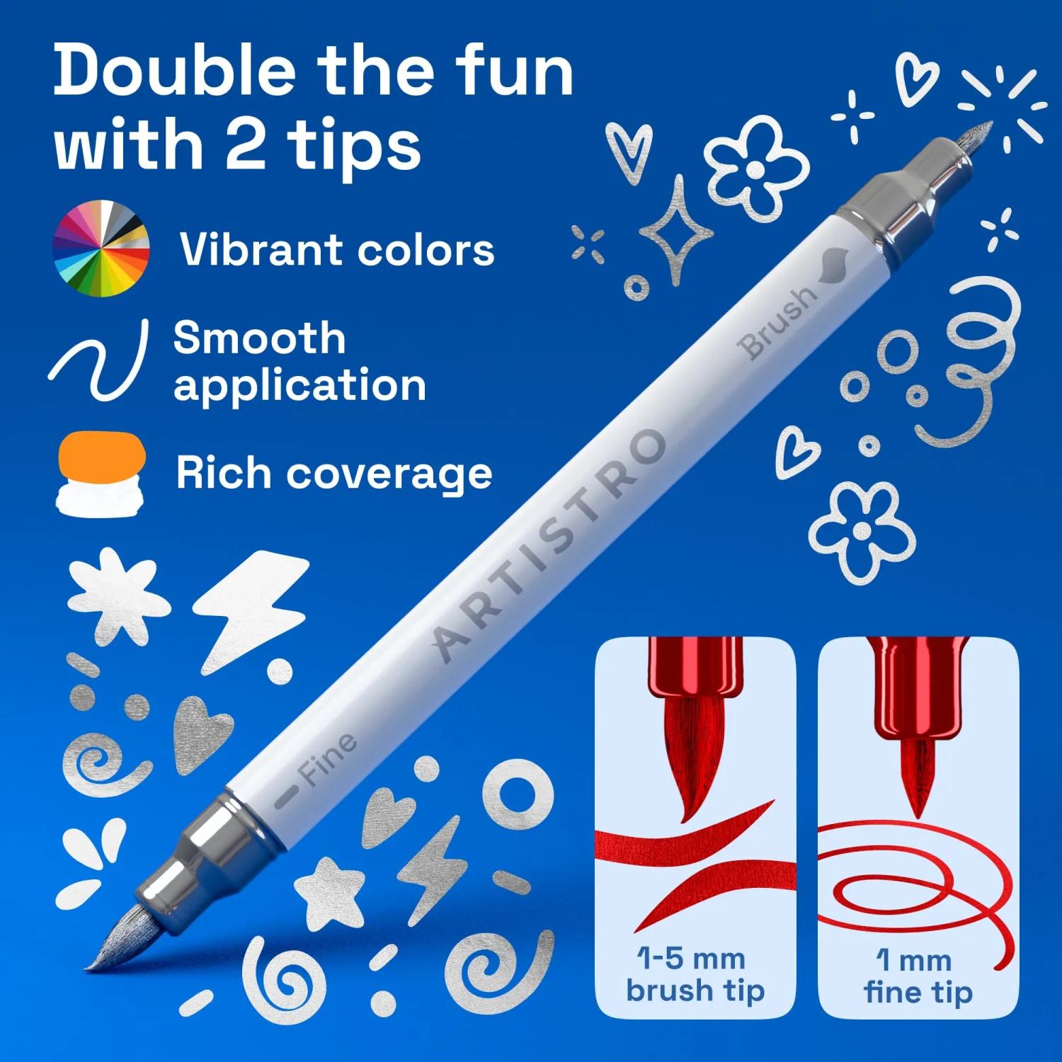 ARTISTRO 24 Acrylic Paint Markers - Paint Pens for Drawing, Brush + Fine Tips - For Fabric, Rock, Glass, Wood, DIY - Art & Craft Supplies for Adults, Teens, Kids (Metallic Colors)