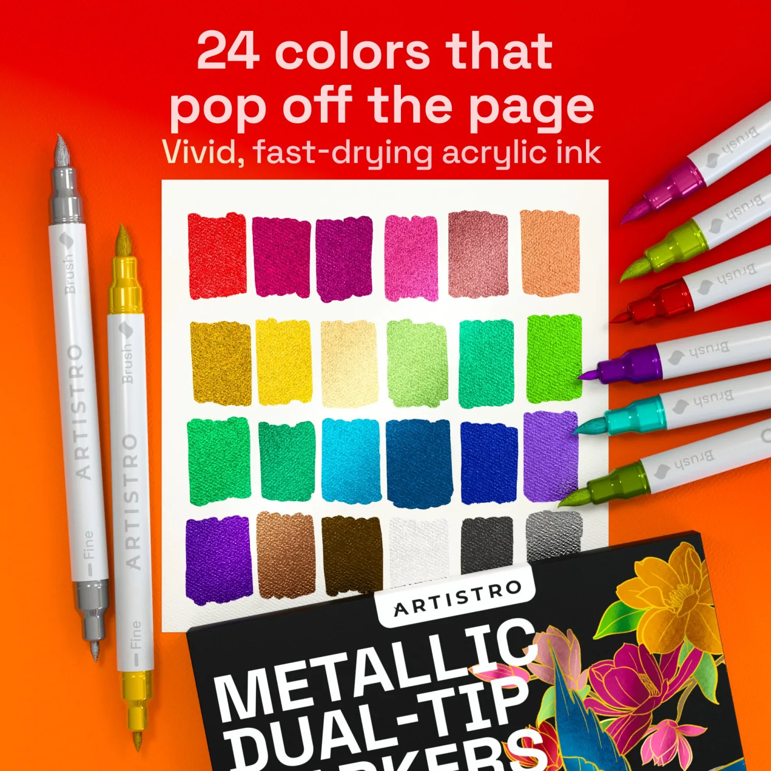 ARTISTRO 24 Acrylic Paint Markers - Paint Pens for Drawing, Brush + Fine Tips - For Fabric, Rock, Glass, Wood, DIY - Art & Craft Supplies for Adults, Teens, Kids (Metallic Colors)
