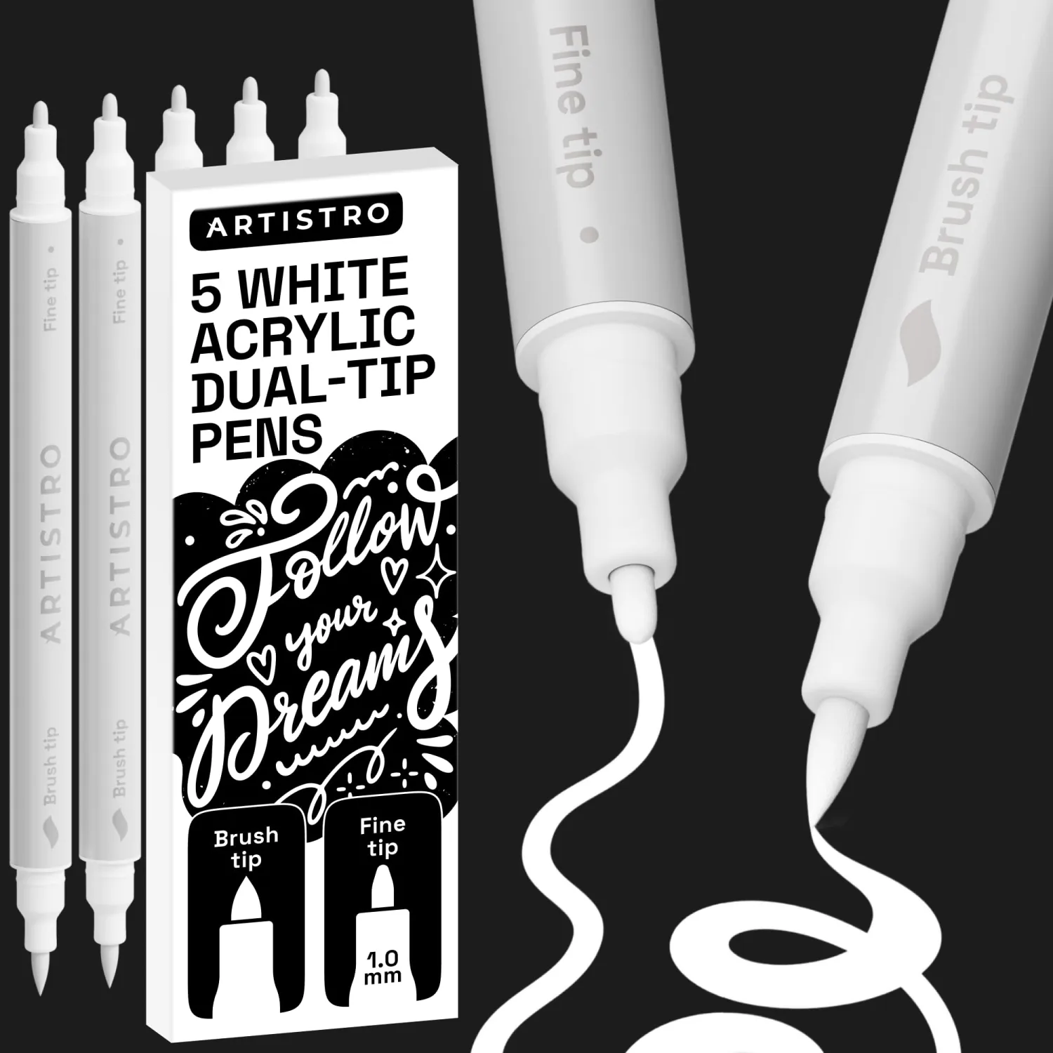 ARTISTRO 5 White Acrylic Paint Markers - Paint Pens for Drawing, Brush + Fine Tips - For Fabric, Rock, Glass, Wood, DIY - Art & Craft Supplies for Adults, Teens, Kids - Teacher Appreciation Gift
