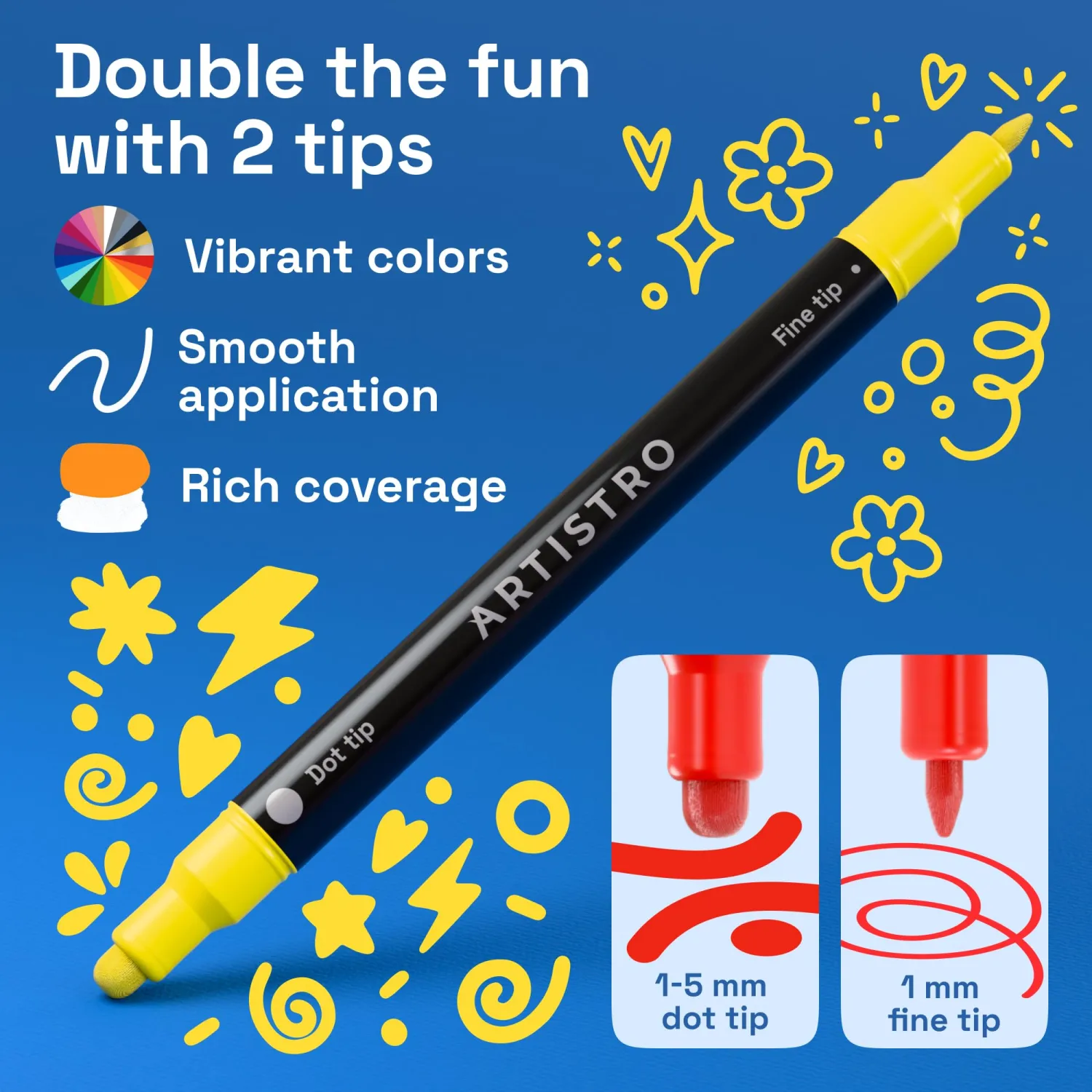 ARTISTRO 12 Precision Dual-Tip Acrylic Paint Markers – Paint Pens Set with Dot & Fine Tips for Fabric, Rock, Glass, Wood, Coloring Books – Classroom & Art Supplies Gift – Teacher Appreciation Gift