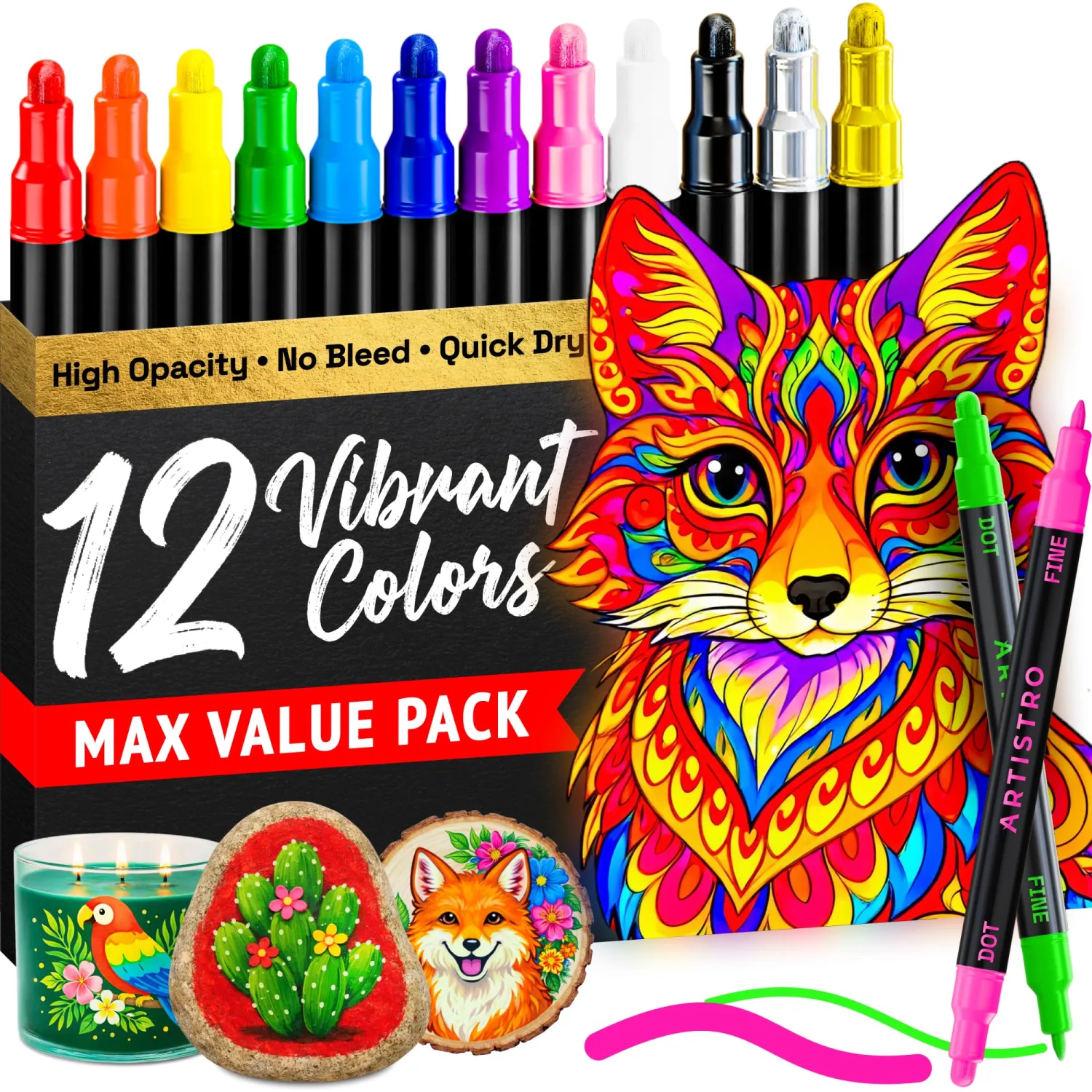 ARTISTRO 12 Precision Dual-Tip Acrylic Paint Markers – Paint Pens Set with Dot & Fine Tips for Fabric, Rock, Glass, Wood, Coloring Books – Classroom & Art Supplies Gift – Teacher Appreciation Gift