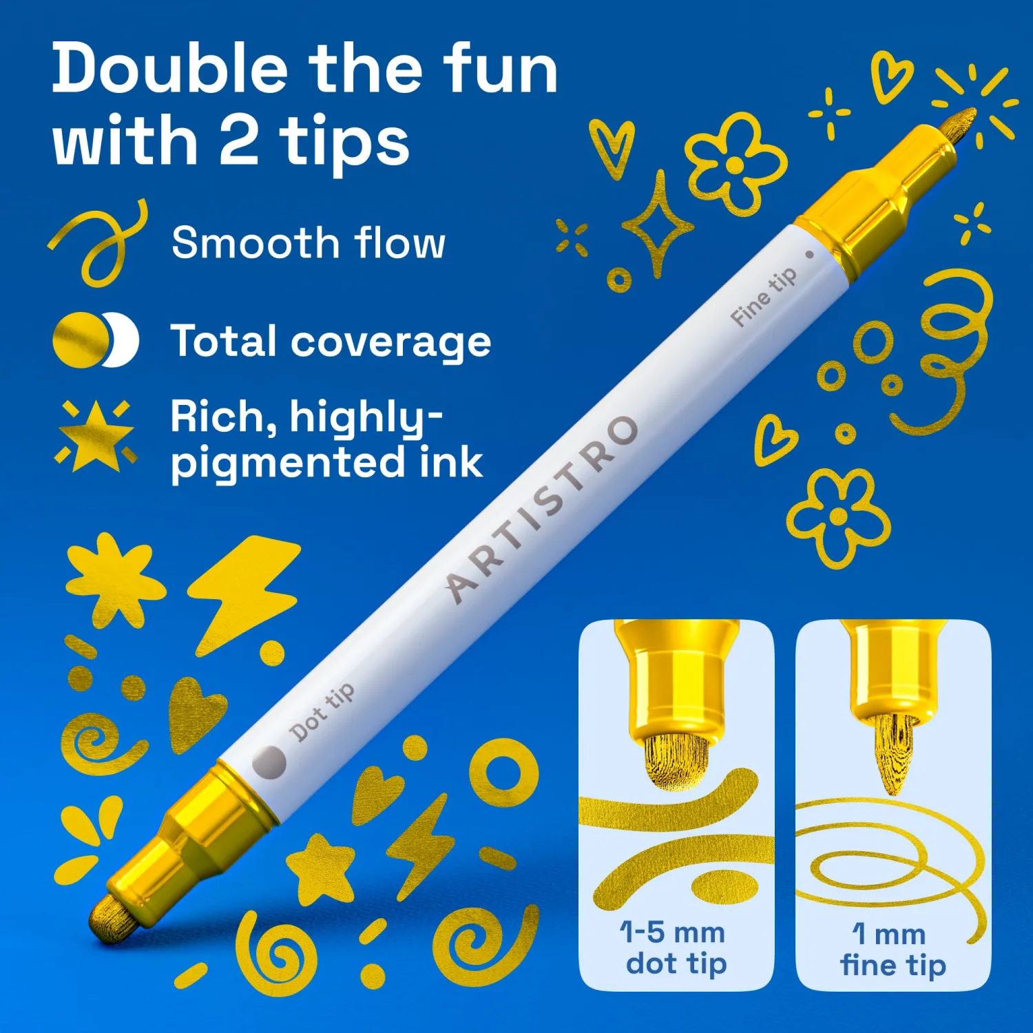 ARTISTRO 5 Gold Precision Dual-Tip Acrylic Paint Markers – Paint Pens Set with Dot & Fine Tips for Fabric, Rock, Glass, Wood, Coloring Books – Classroom & Art Supplies Gift Teacher Appreciation Gift