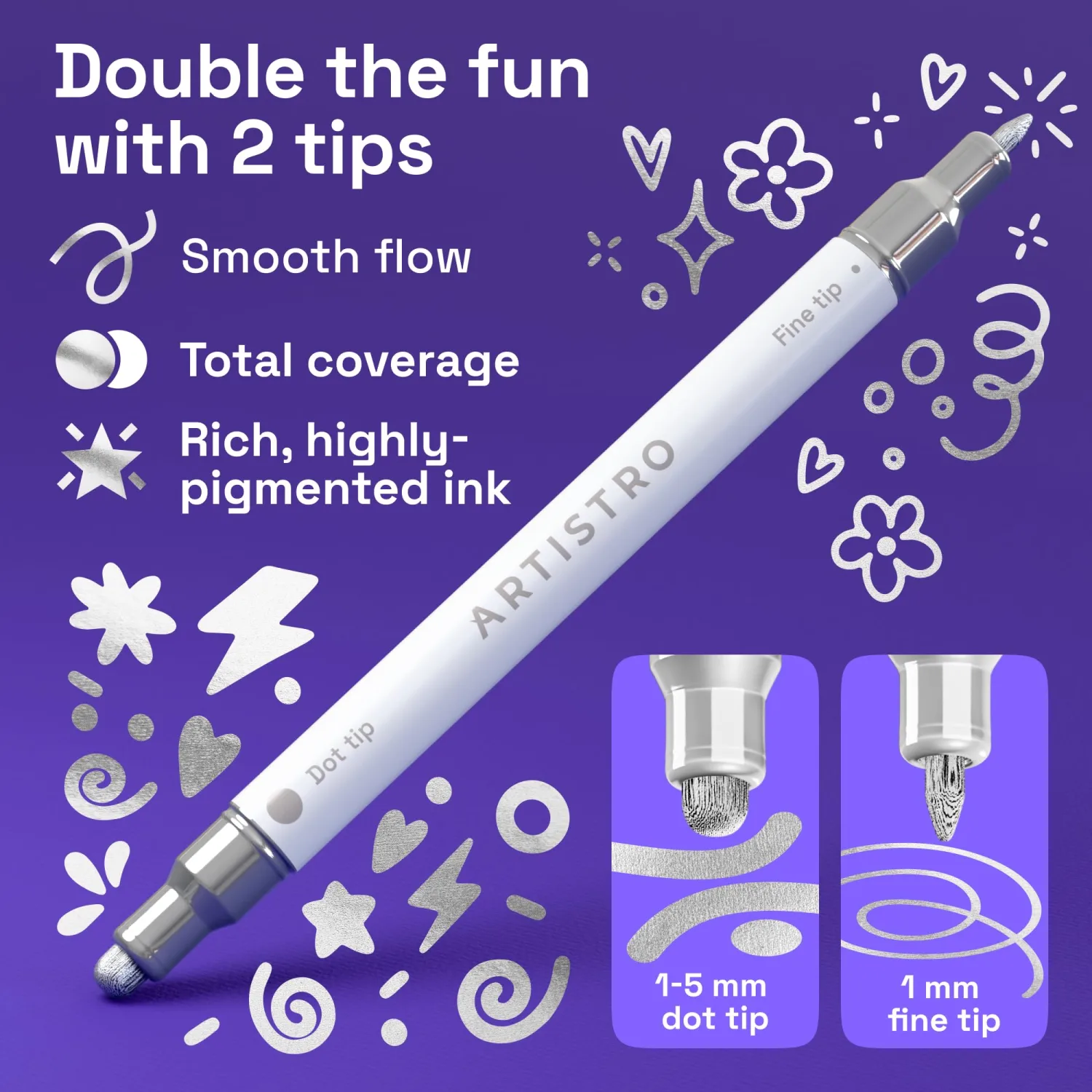 ARTISTRO 5 Silver Precision Dual-Tip Acrylic Paint Markers – Paint Pens Set with Dot & Fine Tips for Fabric, Rock, Glass, Wood, Coloring Books – Classroom & Art Supplies Gift Teacher Appreciation Gift