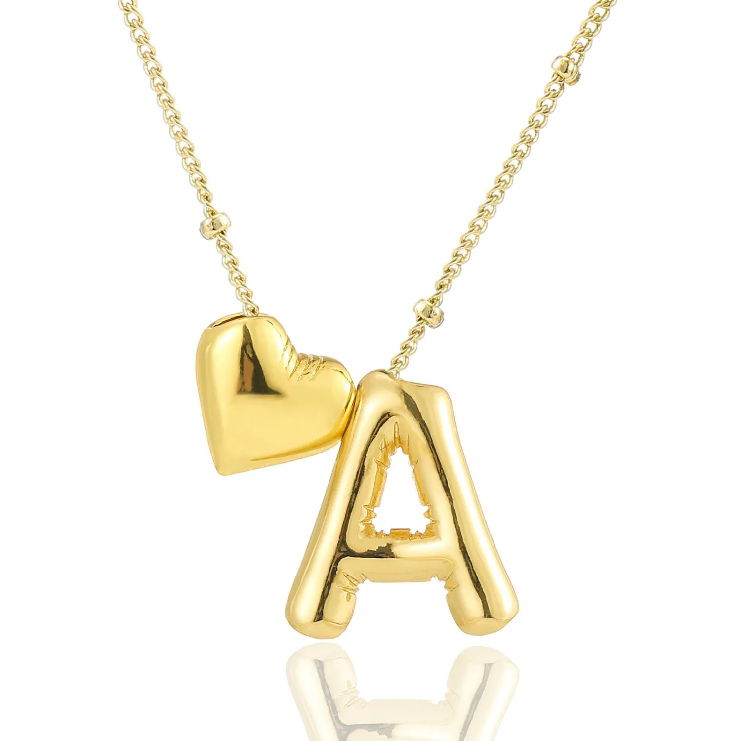 CCINPPY Heart Letter Necklace, 14k Gold Plated Initial Dainty Necklace for Women, Chunky Bubble Balloon Charm Pendant Name Personalized Jewelry Gift