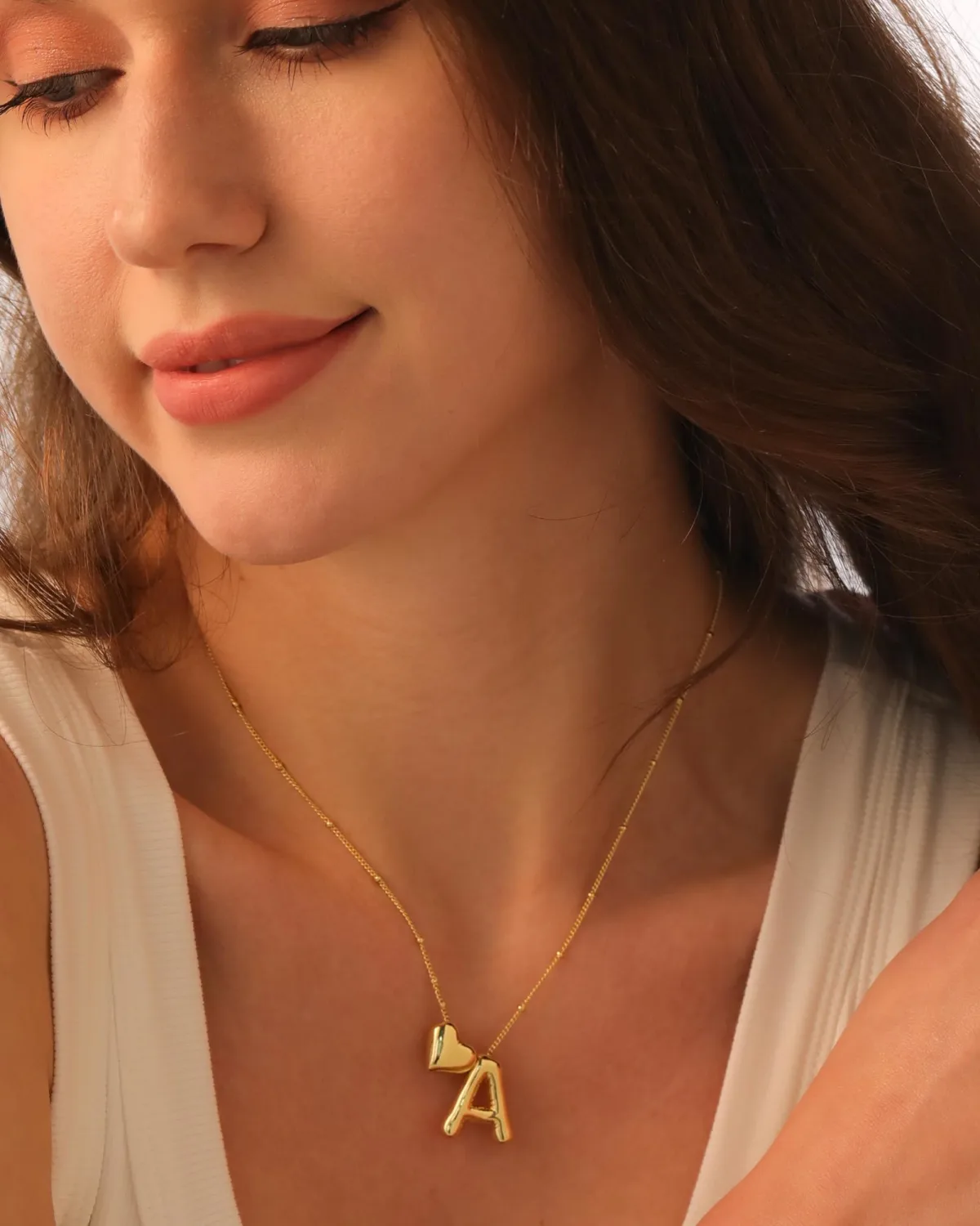 CCINPPY Heart Letter Necklace, 14k Gold Plated Initial Dainty Necklace for Women, Chunky Bubble Balloon Charm Pendant Name Personalized Jewelry Gift