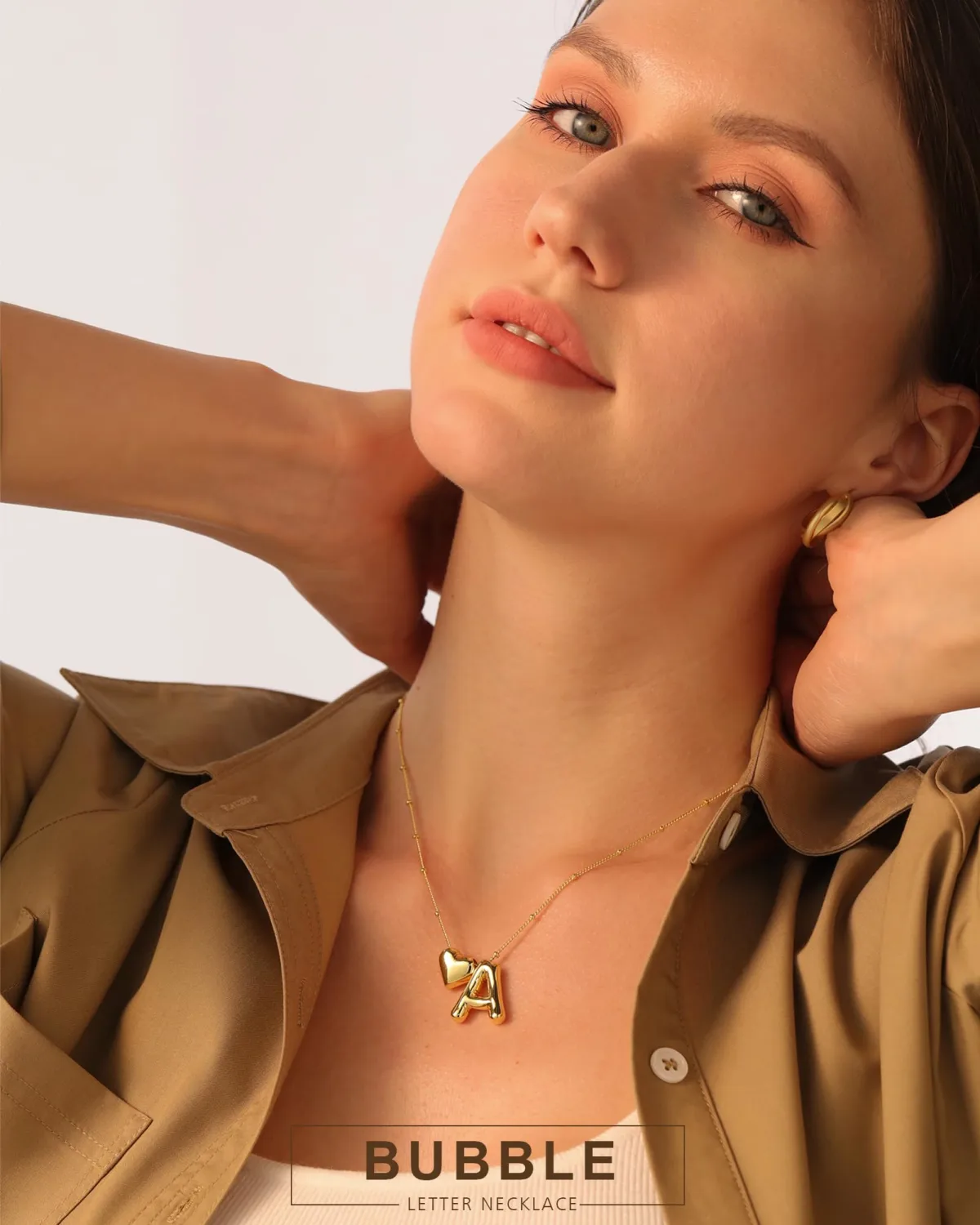 CCINPPY Heart Letter Necklace, 14k Gold Plated Initial Dainty Necklace for Women, Chunky Bubble Balloon Charm Pendant Name Personalized Jewelry Gift