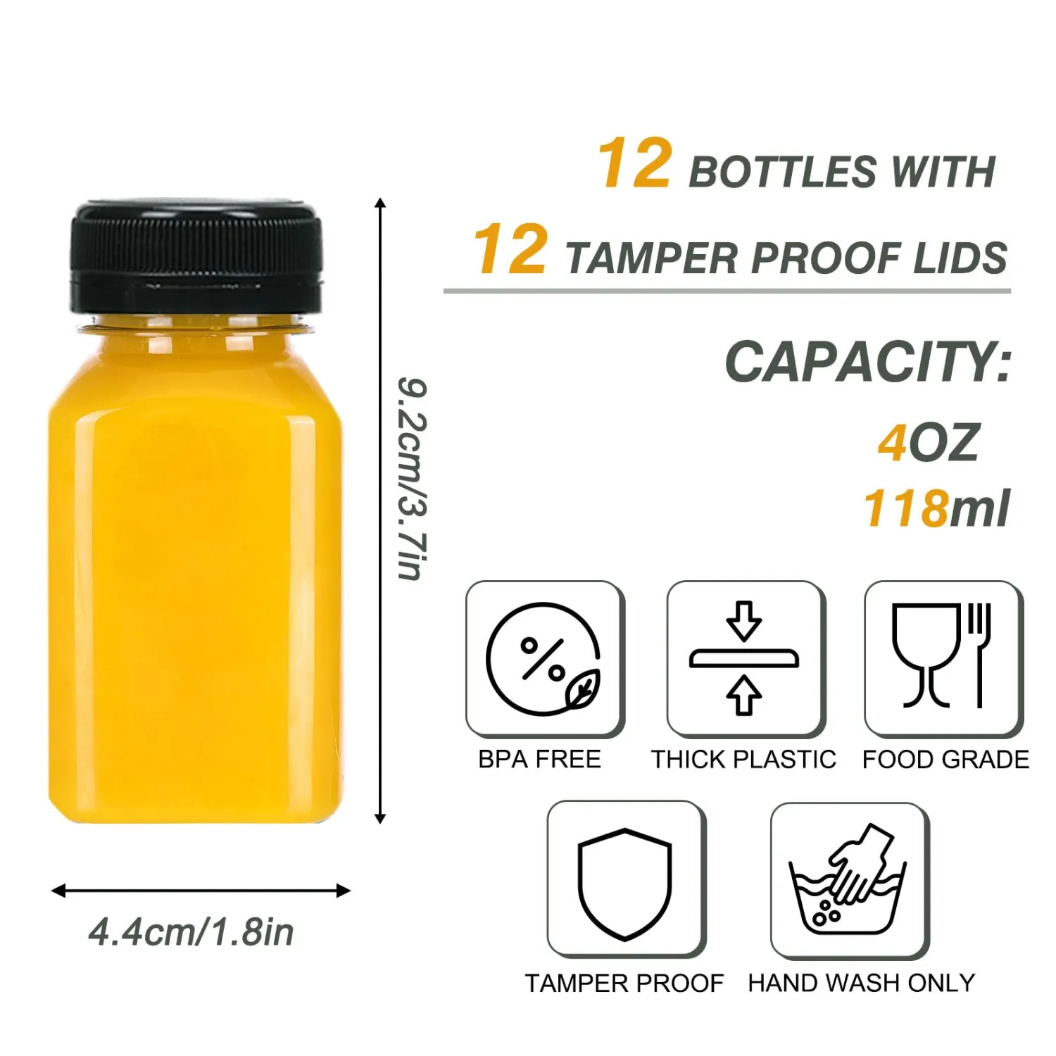 TOMNK 12pcs Juice Bottles with Caps, 4oz Plastic Containers with Lids Empty Reusable Clear Ginger Shots Bottles with Label, Funnel, and Brush Beverage for Juicing, Smoothies, Drinking, Fridge