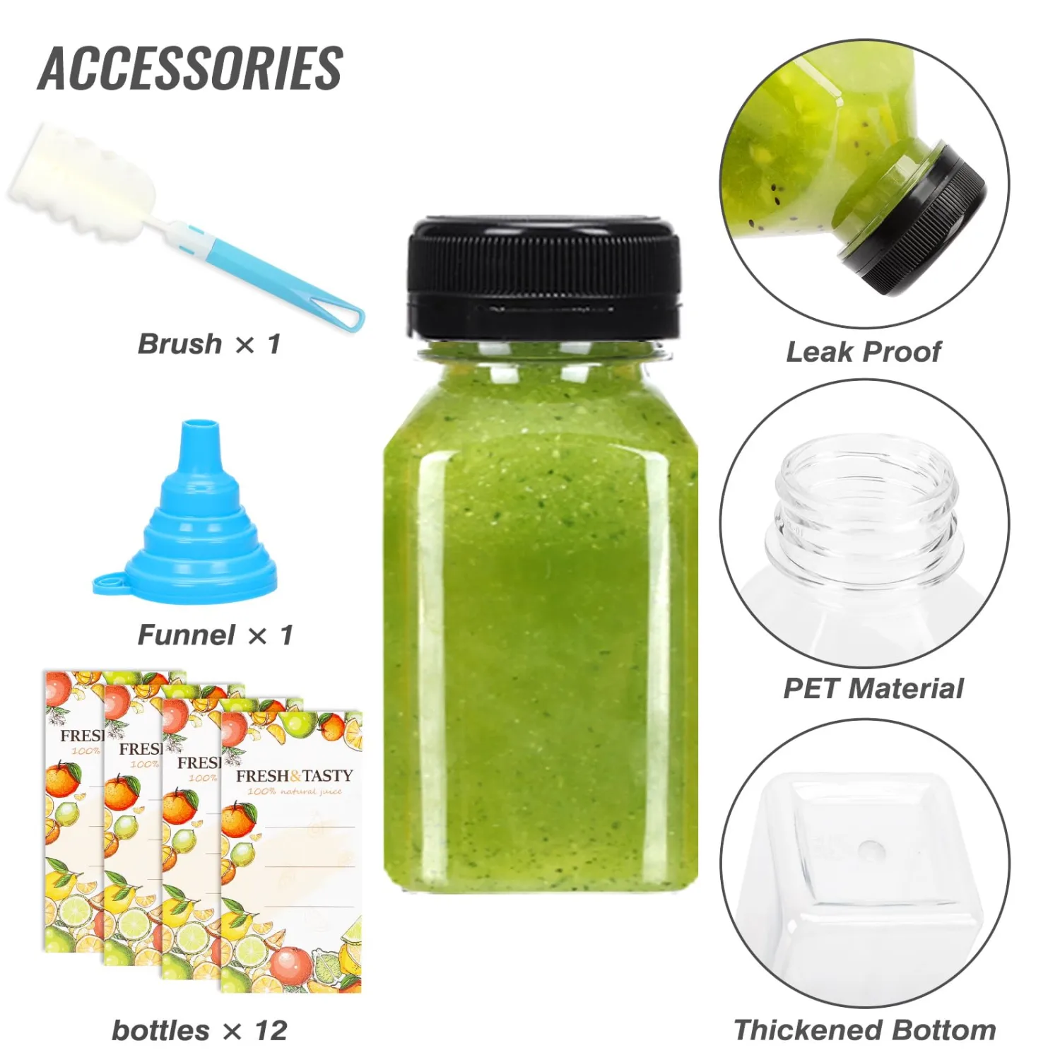 TOMNK 12pcs Juice Bottles with Caps, 4oz Plastic Containers with Lids Empty Reusable Clear Ginger Shots Bottles with Label, Funnel, and Brush Beverage for Juicing, Smoothies, Drinking, Fridge