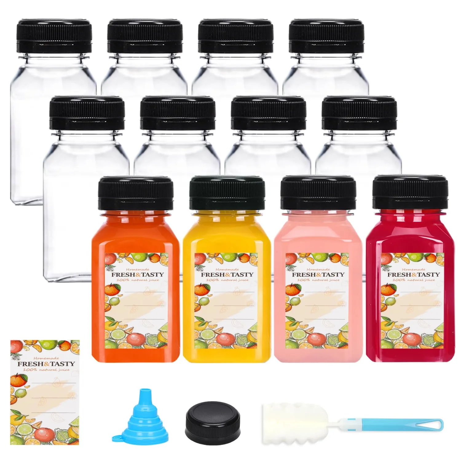 TOMNK 12pcs Juice Bottles with Caps, 4oz Plastic Containers with Lids Empty Reusable Clear Ginger Shots Bottles with Label, Funnel, and Brush Beverage for Juicing, Smoothies, Drinking, Fridge
