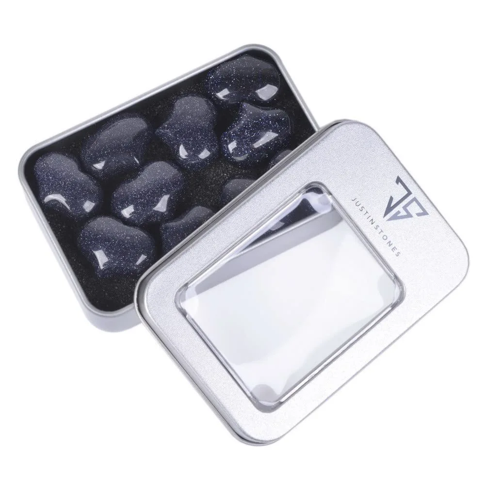 Justinstones Synthetic Blue Goldstone Healing Crystal 1 inch Mini Puffy Heart Pocket Stone Iron Gift Box (Pack of 10)