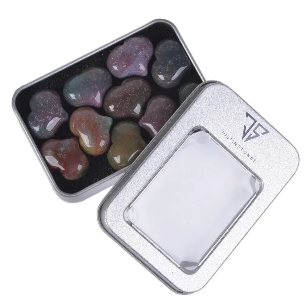 Natural Multi-Color Indian Agate Gemstone Healing Crystal 1 inch Mini Puffy Heart Pocket Stone Iron Gift Box (Pack of 10)