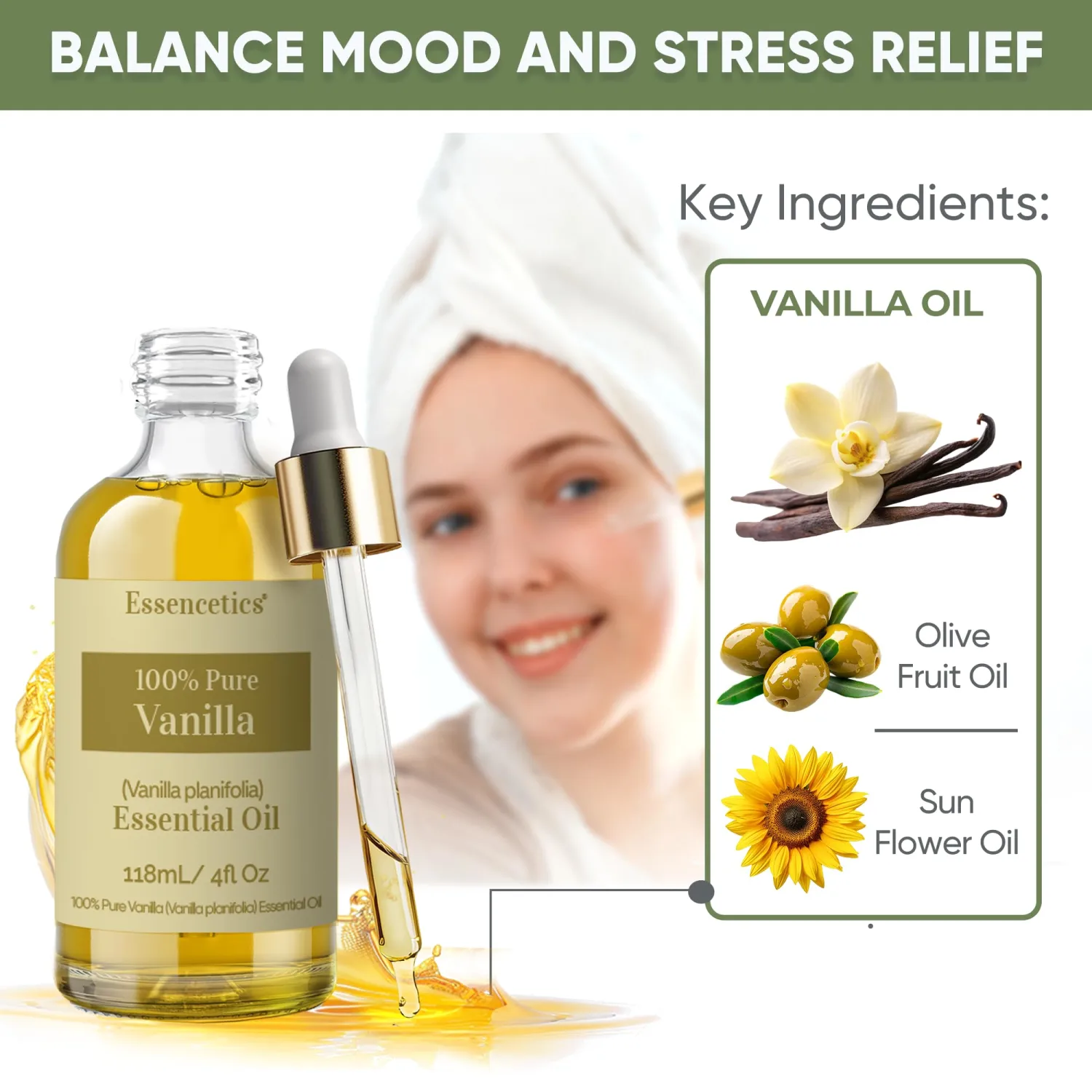 Vanilla Essential Oil for Diffuser 4oz - 100% Natural & Organic - Infused with Olive & Sunflower Oils - Perfect Vanilla Oil for Skin, Body, Candle Making, Soap Making, & Aromatherapy