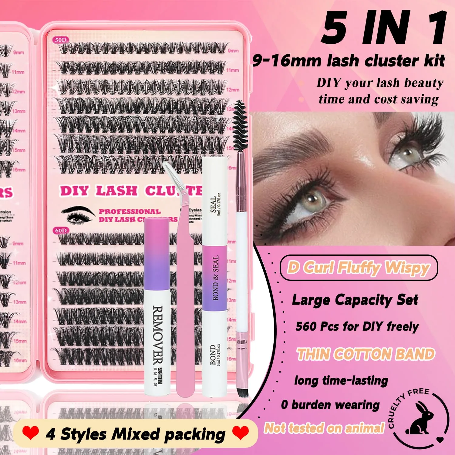 Lash Clusters Kit, 560 Pcs Eyelashes Clusters Kit 9-16mm Individual Lash Extension Kit D Curl Fluffy Wispy False Eyelashes (30D+40D+50D+60D, Lash Clusters Kit)