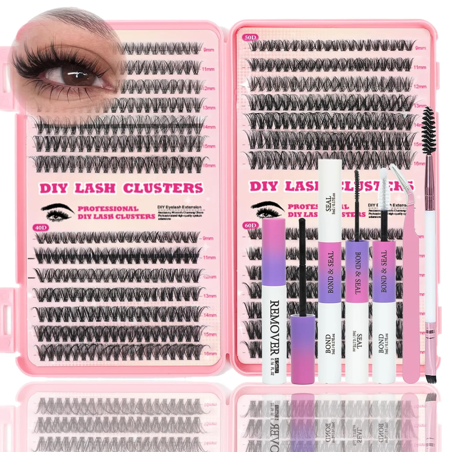 Lash Clusters Kit, 560 Pcs Eyelashes Clusters Kit 9-16mm Individual Lash Extension Kit D Curl Fluffy Wispy False Eyelashes (30D+40D+50D+60D, Lash Clusters Kit)