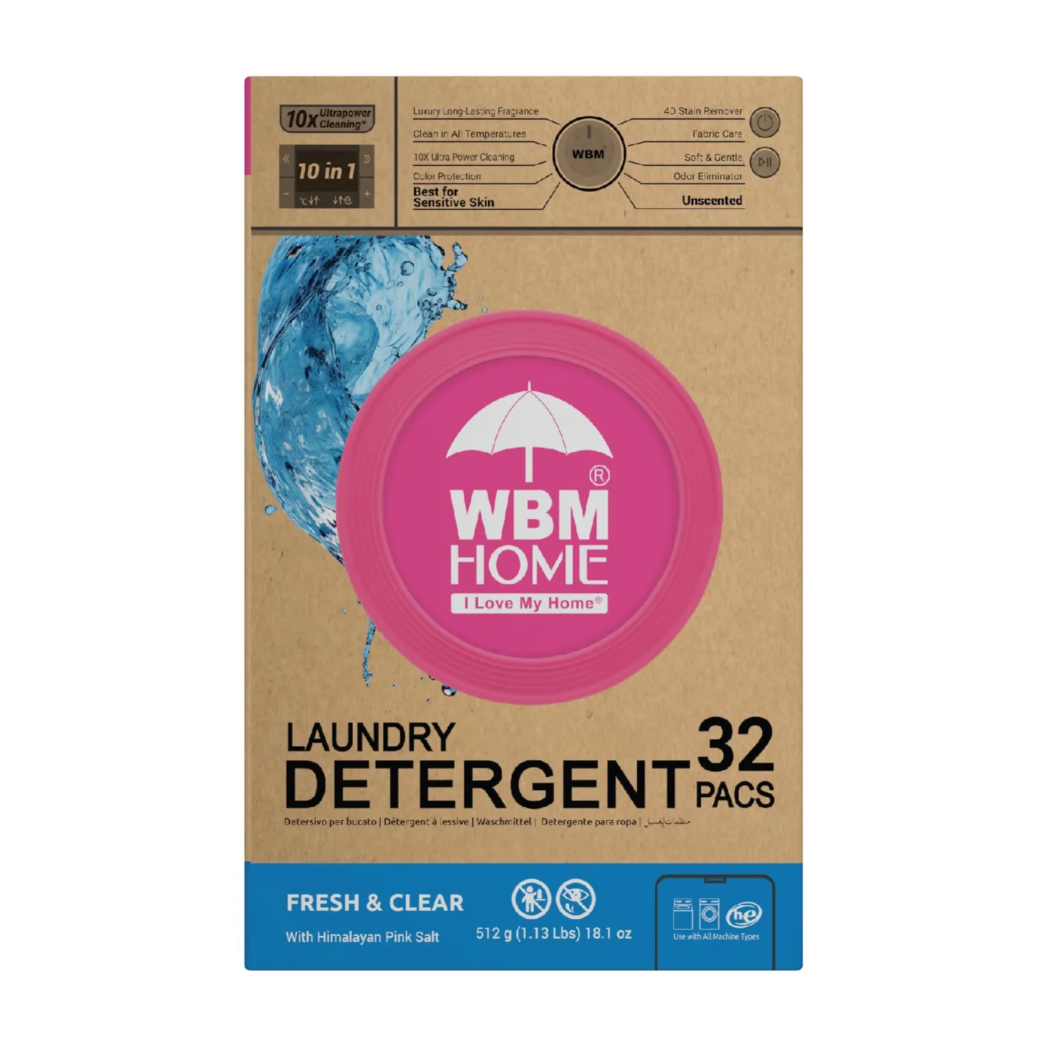 WBM Home Laundry Detergent Pods, 32 Count | Fresh & Clear Unscented | Laundry Pods 10x Ultrapower Cleaning With Color Protection and Eco-Friendly Packaging