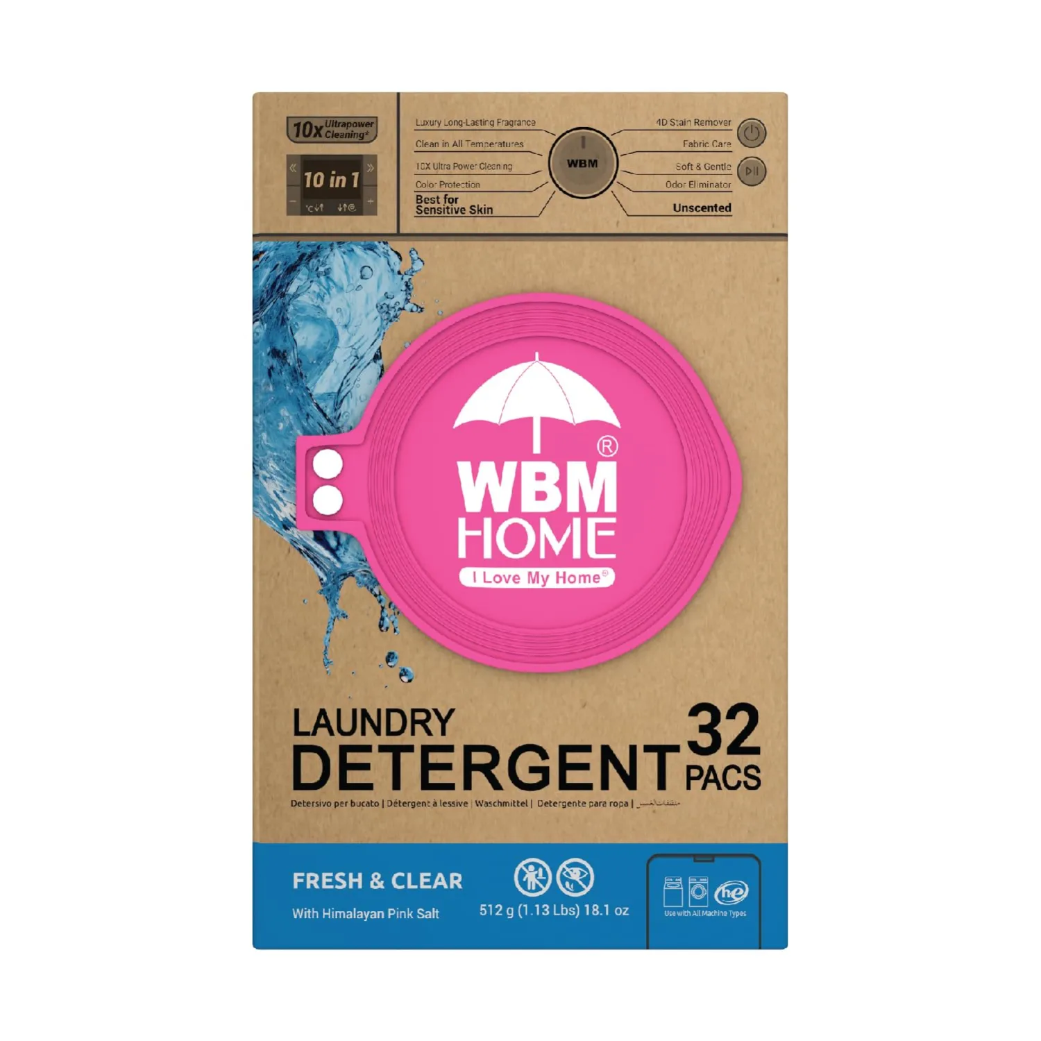WBM Home Laundry Detergent Pods, 32 Count | Fresh & Clear Unscented | Laundry Pods 10x Ultrapower Cleaning With Color Protection and Eco-Friendly Packaging