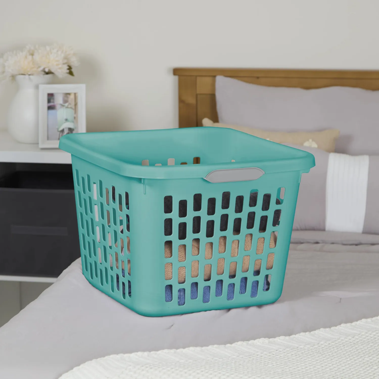 1.5 Bushel Square Plastic Laundry Basket, BPA-Free, Teal Splash - 2 Comfort Grip Handles, Sturdy & Stackable, for Bedroom, Bathroom & Laundry Room