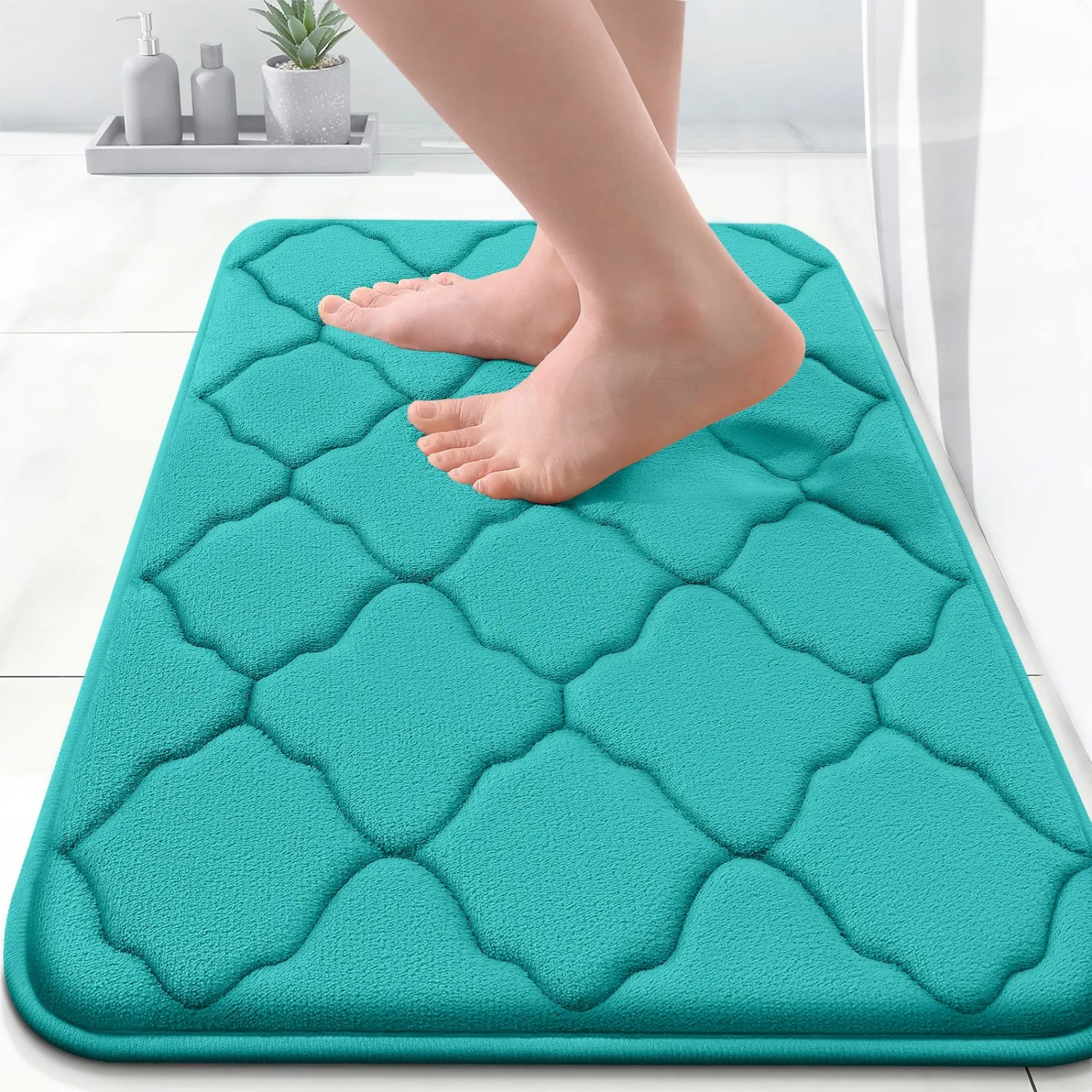 OLANLY Memory Foam Bath Mat Rug 24x16, Ultra Soft and Absorbent Bathroom Rugs, Non-Slip, Comfortable, Machine Washable Bath Carpet for Bathroom Floor, Tub, Shower and Home Decor Accessories, Teal