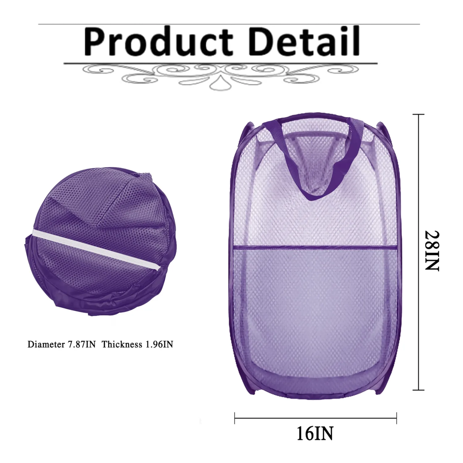 Collapsible Pop Up Laundry Hamper, Extra Large Mesh Foldable Laundry Basket, 28" x 16" x 16"(Purple)