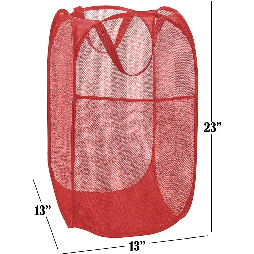 BATTOO Deluxe Strong Mesh Pop up Laundry Hamper Basket with Side Pocket for Laundry Room, Bathroom, Kids Room, College Dorm or Travel Red