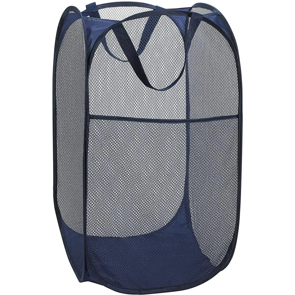 BATTOO Deluxe Strong Mesh Pop up Laundry Hamper Basket with Side Pocket for Laundry Room, Bathroom, Kids Room, College Dorm or Travel Navy Blue