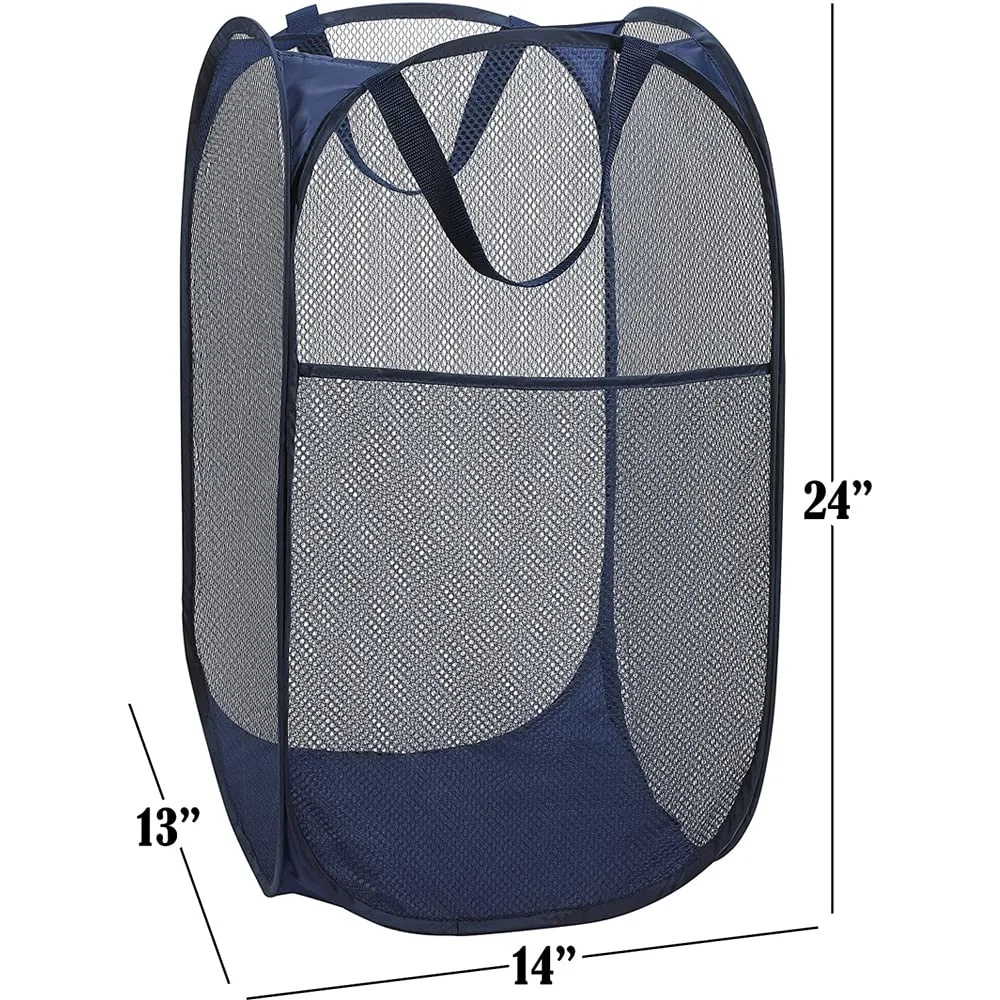 BATTOO Deluxe Strong Mesh Pop up Laundry Hamper Basket with Side Pocket for Laundry Room, Bathroom, Kids Room, College Dorm or Travel Navy Blue