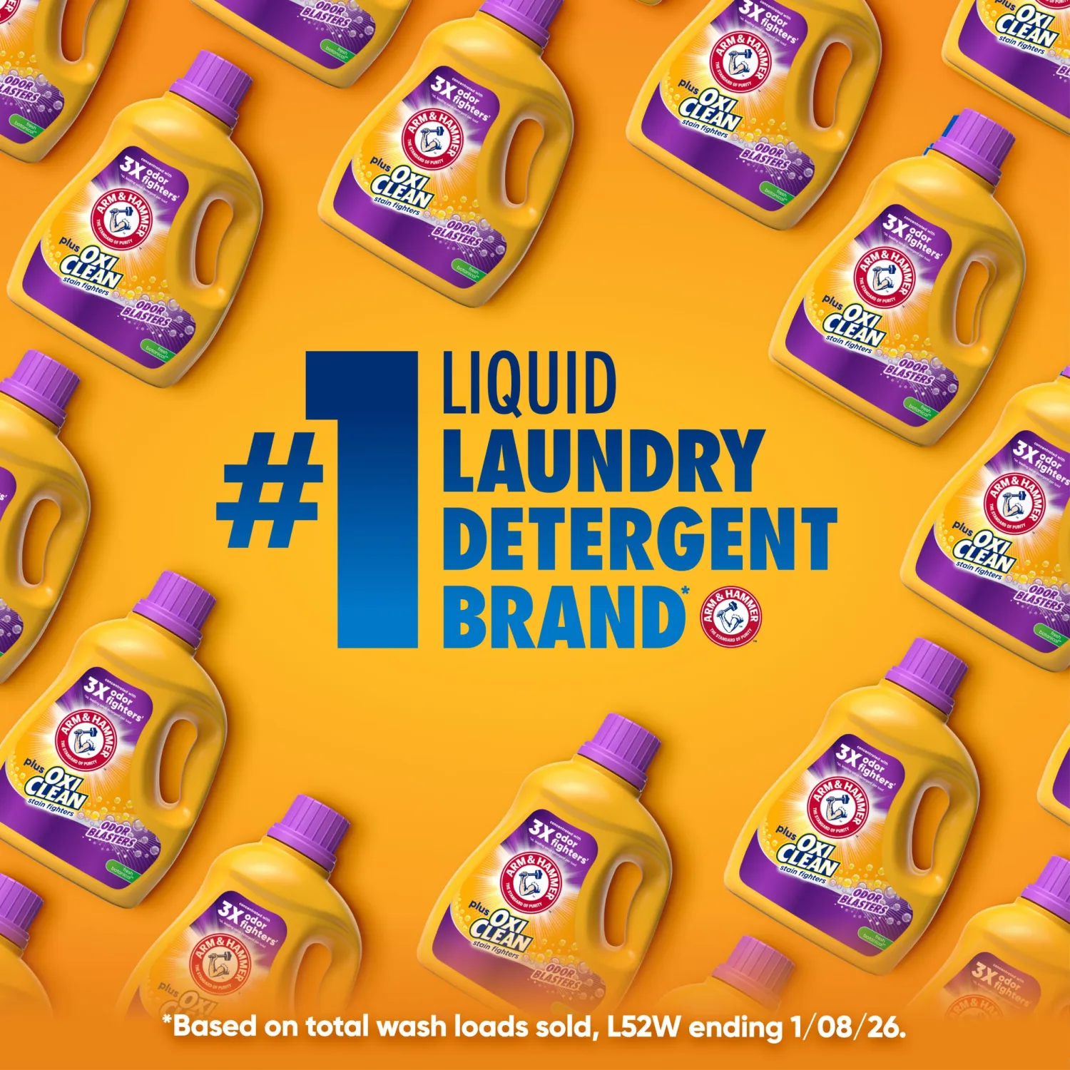 ARM & HAMMER Plus OxiClean with Odor Blasters Liquid Laundry Detergent, Laundry Odor Remover, Attacks Stains, Fresh Burst Scent, 74 Loads, 96.2 Fl Oz