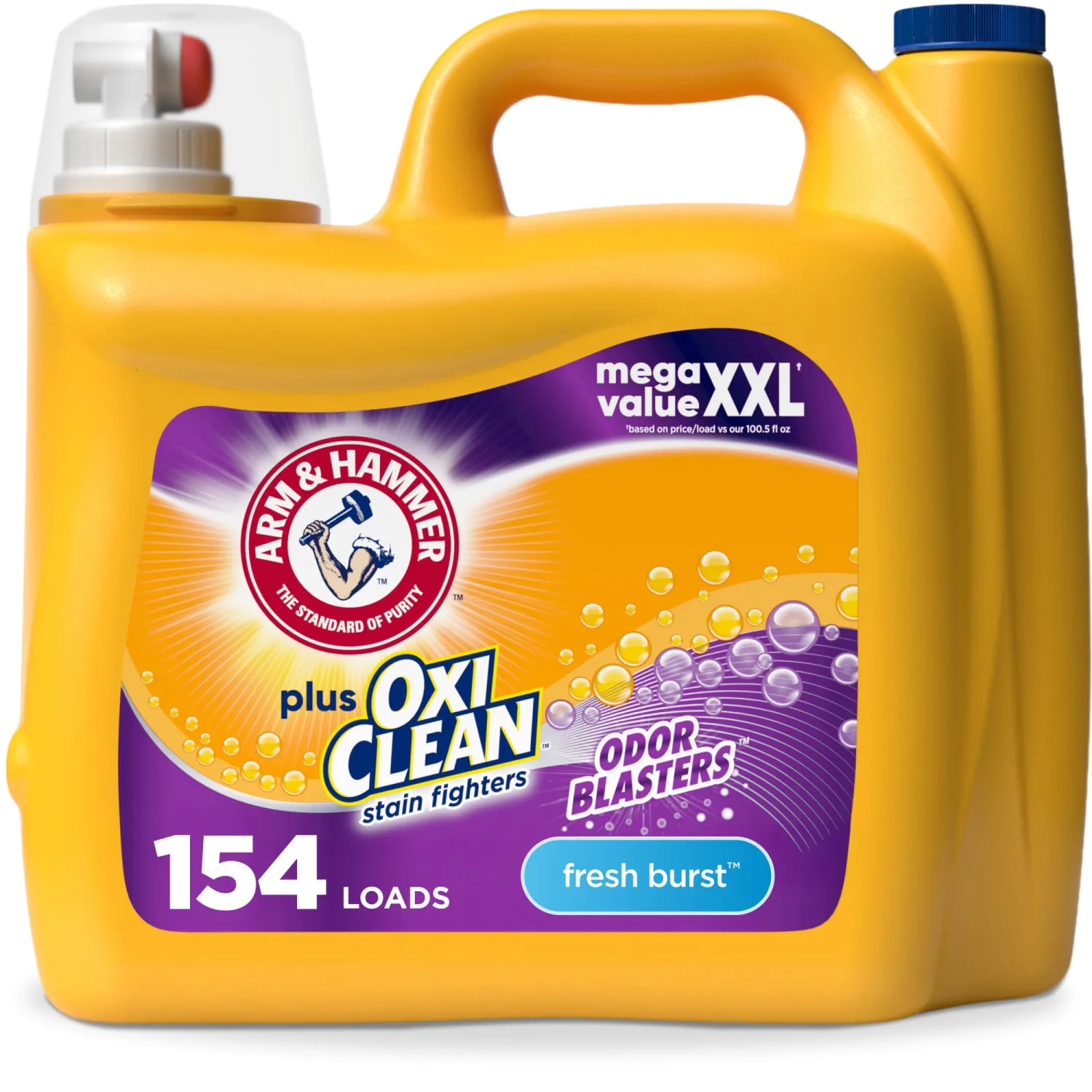 ARM & HAMMER Plus OxiClean with Odor Blasters Liquid Laundry Detergent, Laundry Odor Remover, Attacks Stains, Fresh Burst Scent, 154 Loads, 200.2 Fl Oz