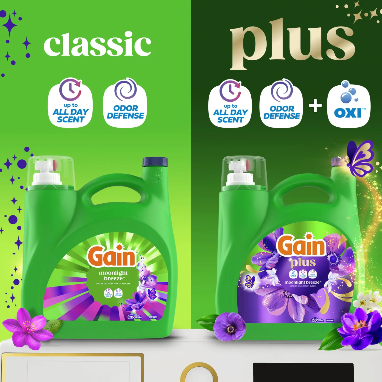 Gain Plus Liquid Laundry Detergent, Cleaner, Fresher, Now with Oxi, Moonlight Breeze Scent, 170 fl oz, 129 Loads