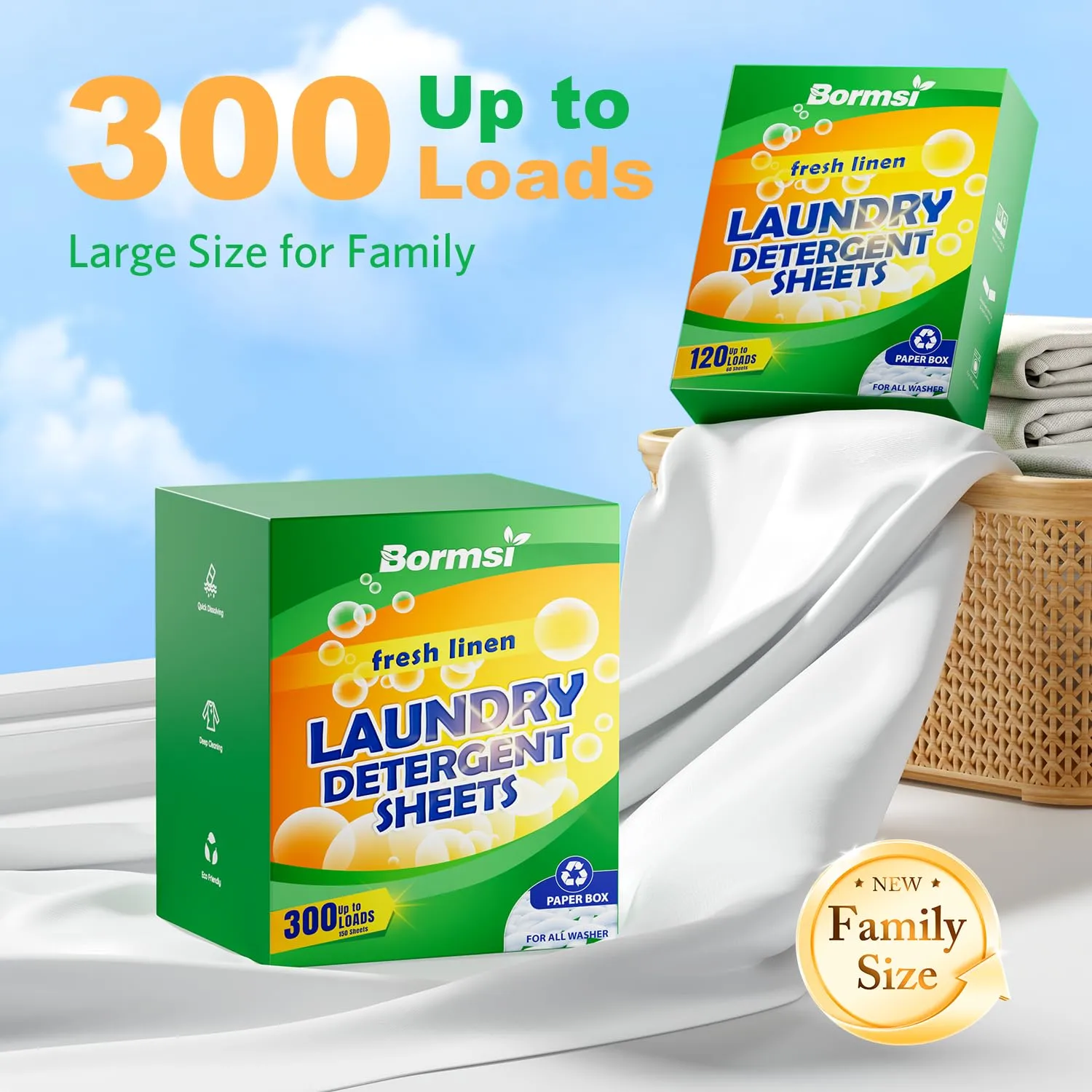 Laundry Detergent Sheets Fresh Scent 300 Loads No Plastic Jug, Home Laundry Sheets for Family150 Count