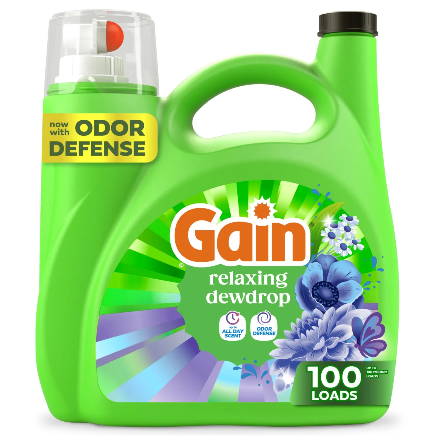 Gain Liquid Laundry Detergent, Now with Odor Defense, Relaxing Dewdrop Scent, 132 fl oz, 100 Loads (Packaging May Vary)