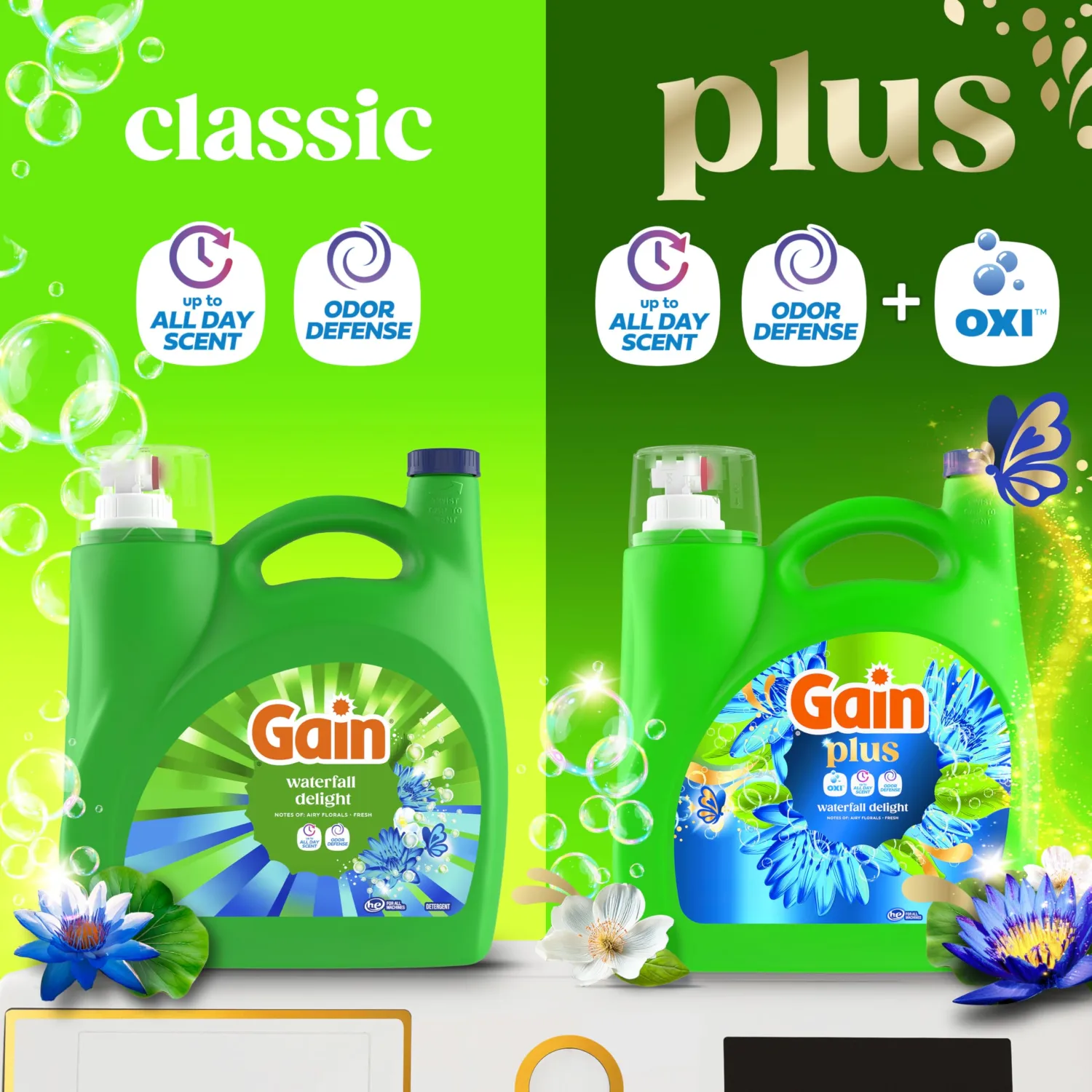 Gain Plus Liquid Laundry Detergent, Cleaner, Fresher, Now with Oxi, Waterfall Delight Scent, 170 fl oz, 129 Loads