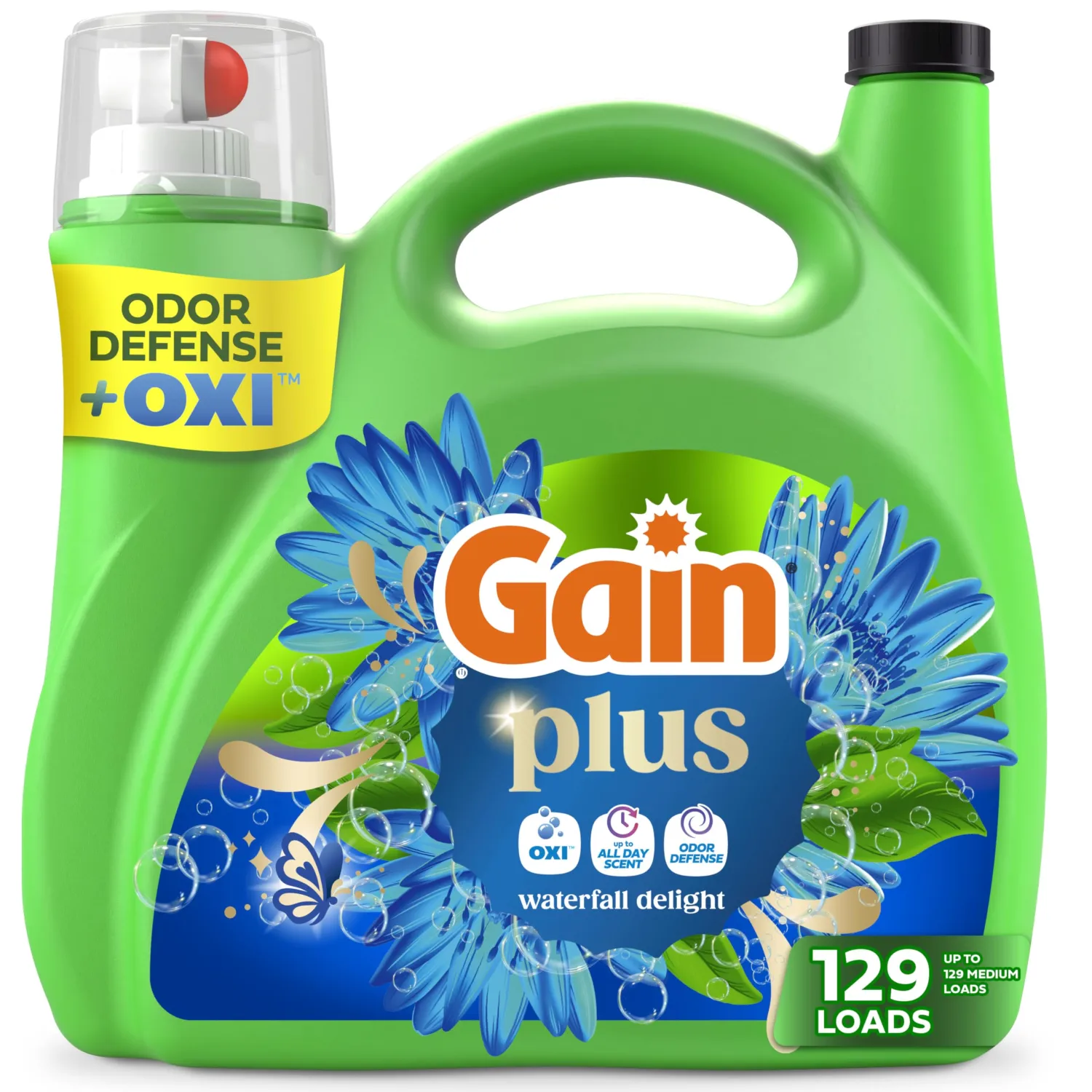 Gain Plus Liquid Laundry Detergent, Cleaner, Fresher, Now with Oxi, Waterfall Delight Scent, 170 fl oz, 129 Loads