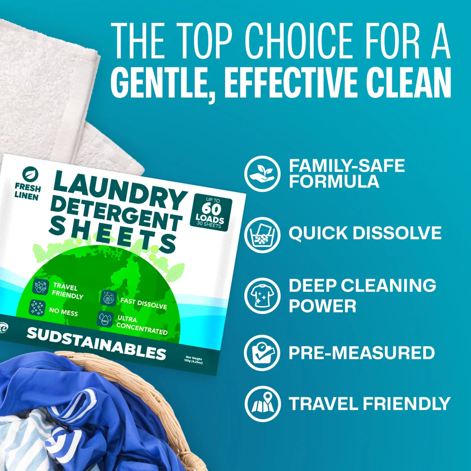 Sudstainables Laundry Detergent Sheets 60 Loads – Dissolvable Laundry Sheet for Washing Machines, Compact Alternative to Liquid & Powder Detergent, Travel-Friendly Soap | Fresh Linen