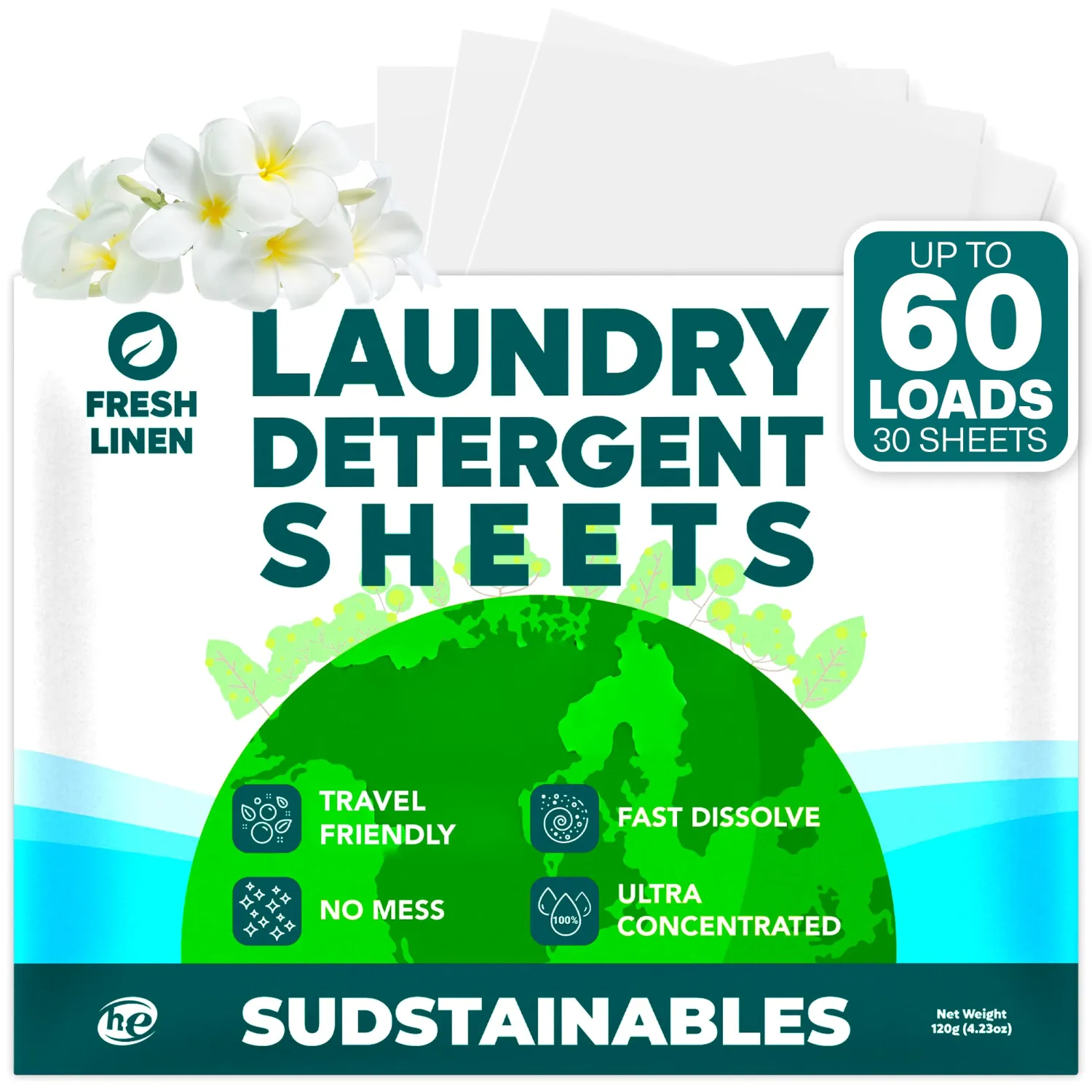 Sudstainables Laundry Detergent Sheets 60 Loads – Dissolvable Laundry Sheet for Washing Machines, Compact Alternative to Liquid & Powder Detergent, Travel-Friendly Soap | Fresh Linen